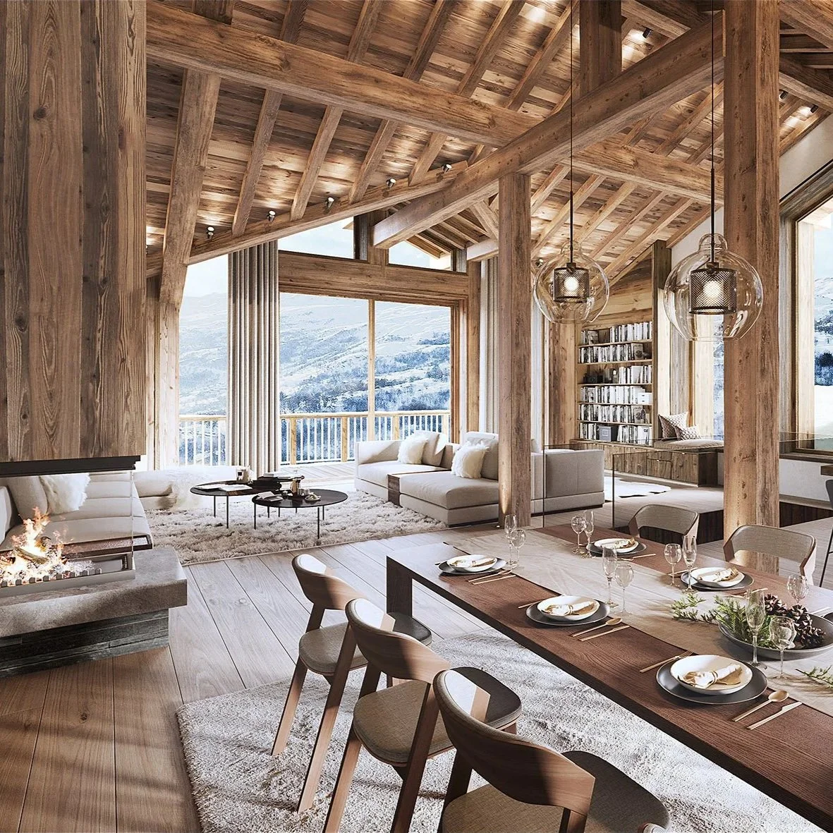 Pièce de vie lumineuse avec charpente apparente, séjour et salle à manger d'un chalet de prestige de 340 m² à vendre près de Saint-Martin-de-Belleville, dans les 3 Vallées.