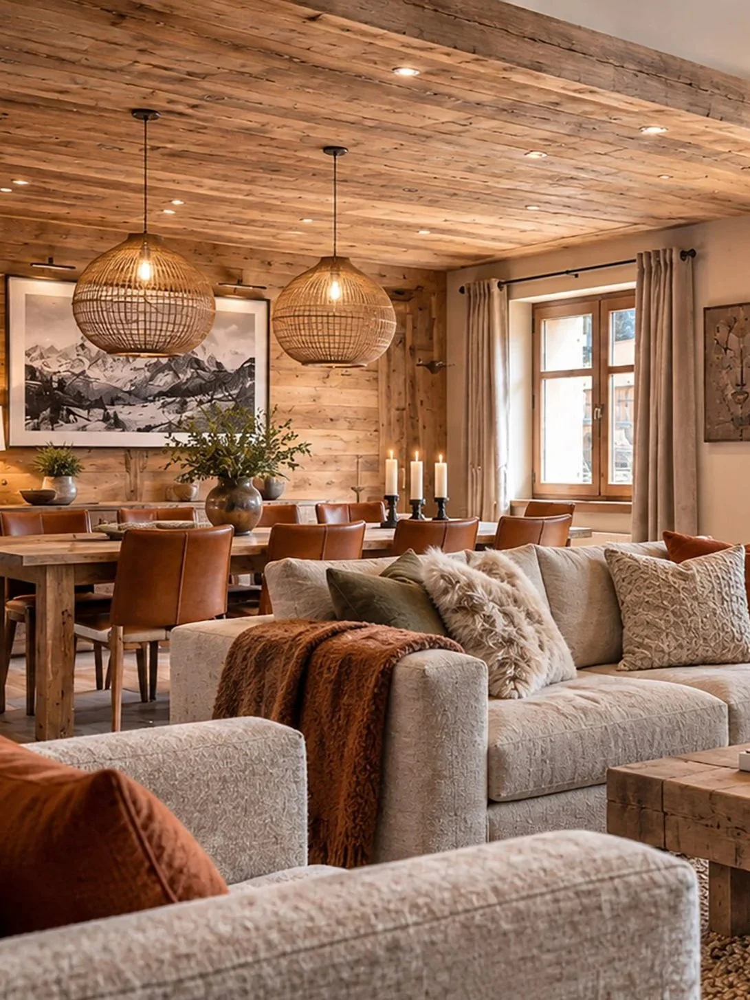 Séjour chaleureux avec mobilier contemporain et finitions bois d'un chalet de prestige de 370 m² aux Granges, près de Saint-Martin-de-Belleville.