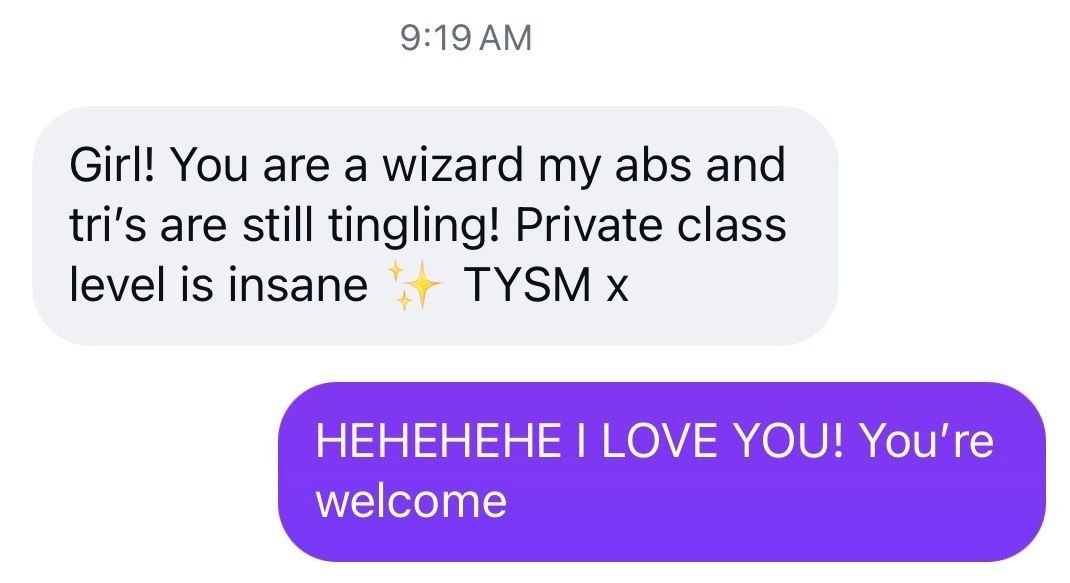 ok arms and abs seemingly the theme of the week? you know you're on a good routine when these kinds of messages come in back to back 💅 

we technically train lower body; core; obliques and upper body every single class...
 
some classes just somehow