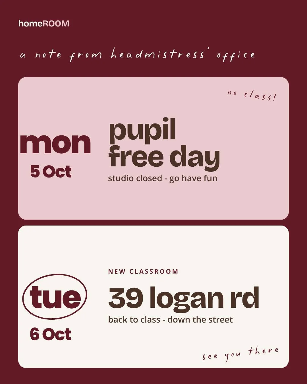 munchkins!

monday 5 October we are closing for the public holiday. I hope everyone enjoys a long relaxing weekend (or comes to class Saturday/Sunday 🥳)

tuesday we are back to normal timetable BUT IN OUR NEW HOMEROOM at 39 logan road.

same parking