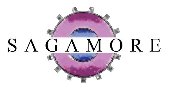 The image features the word 'SAGAMORE' in black capital letters over a stylized gear or cogwheel with a purple and pink gradient background and a central blue circle.