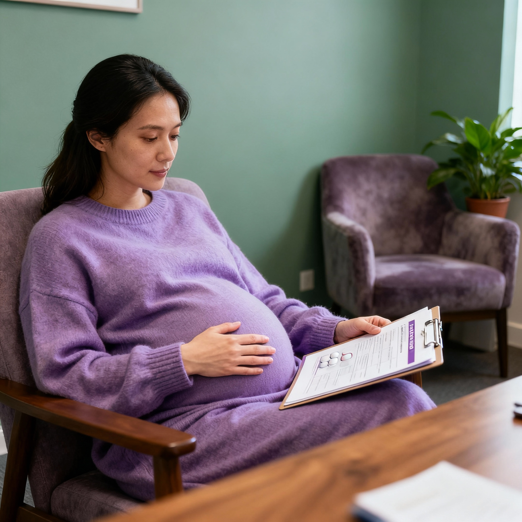Pregnant woman in a purple sweater sitting on a chair, looking at a clipboard in her hand, in a room with a green wall, another empty purple chair, and a potted plant.