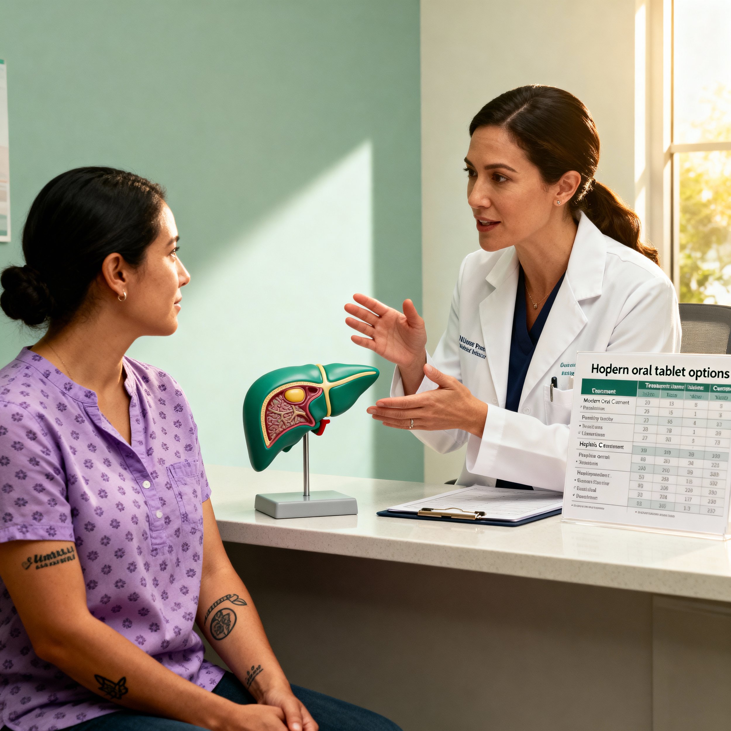 Medical professional speaking to a patient in a consultation room, with a model of a liver and a chart on oral tablet options on the desk.