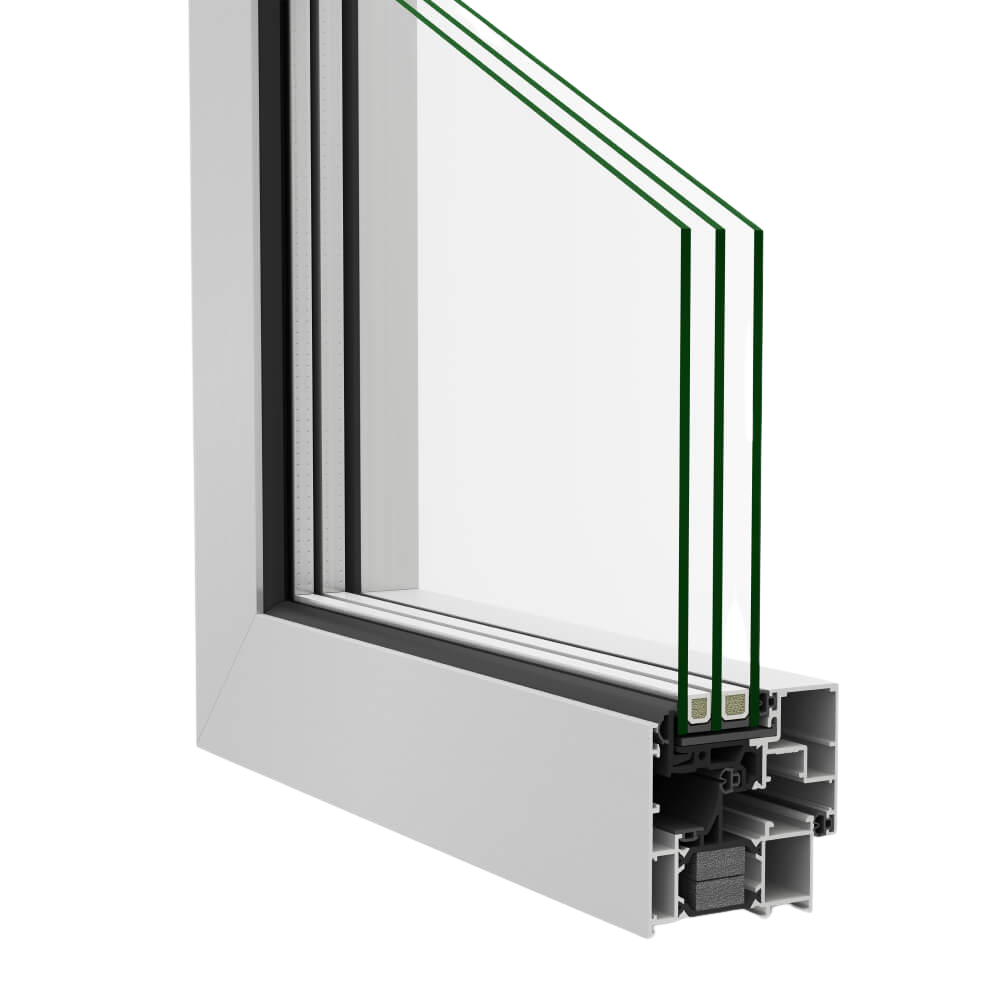 Close-up illustration of a white window frame showing the cross-section of the glass and frame structure with green lines indicating insulated insulating glass layers.