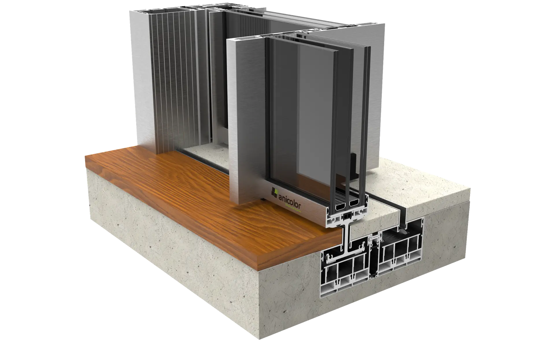 Corte transversal de un ventanal con marco de aluminio, doble acrílico y base de concreto sobre una loza de madera.