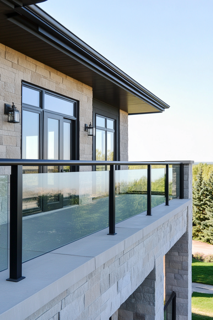 Fachada de una casa moderna con balcón de cristal, paredes de piedra y ventanas grandes con marcos negros, con vegetación en el fondo.