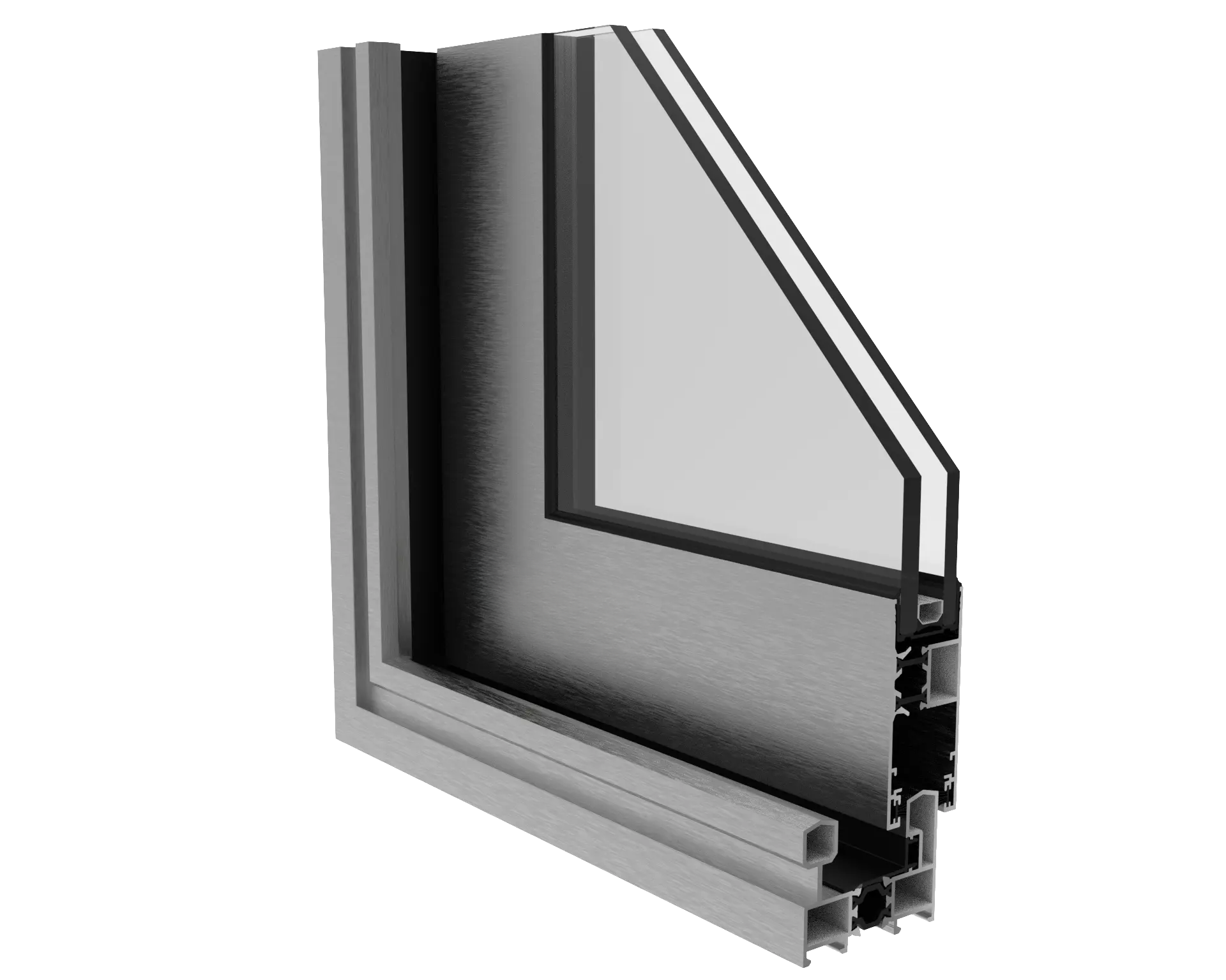 Corte transversal de una ventana de aluminio con marco y doble acristalamiento.