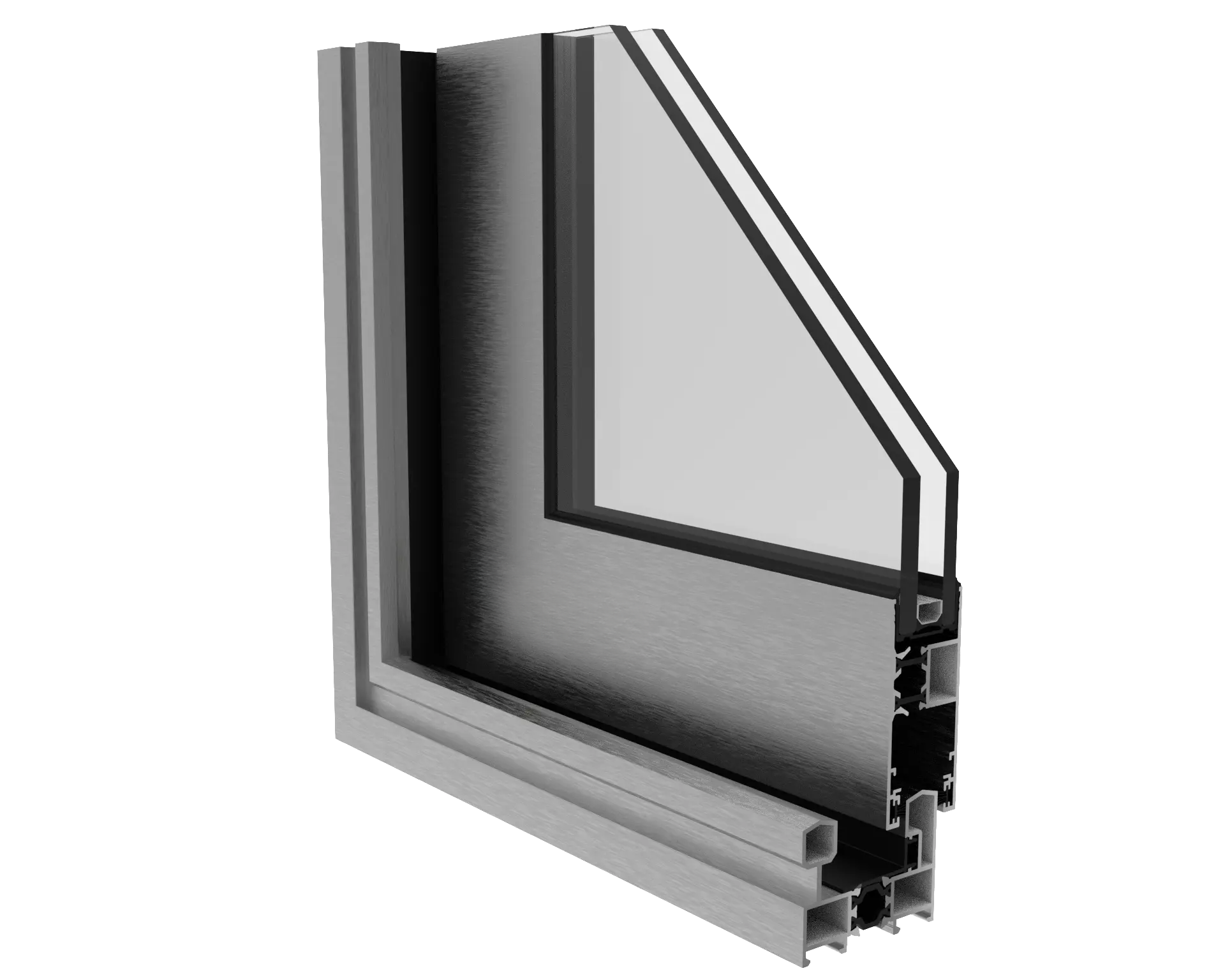 Corte transversal de una ventana de aluminio con doble acristalamiento y marco de aluminio.