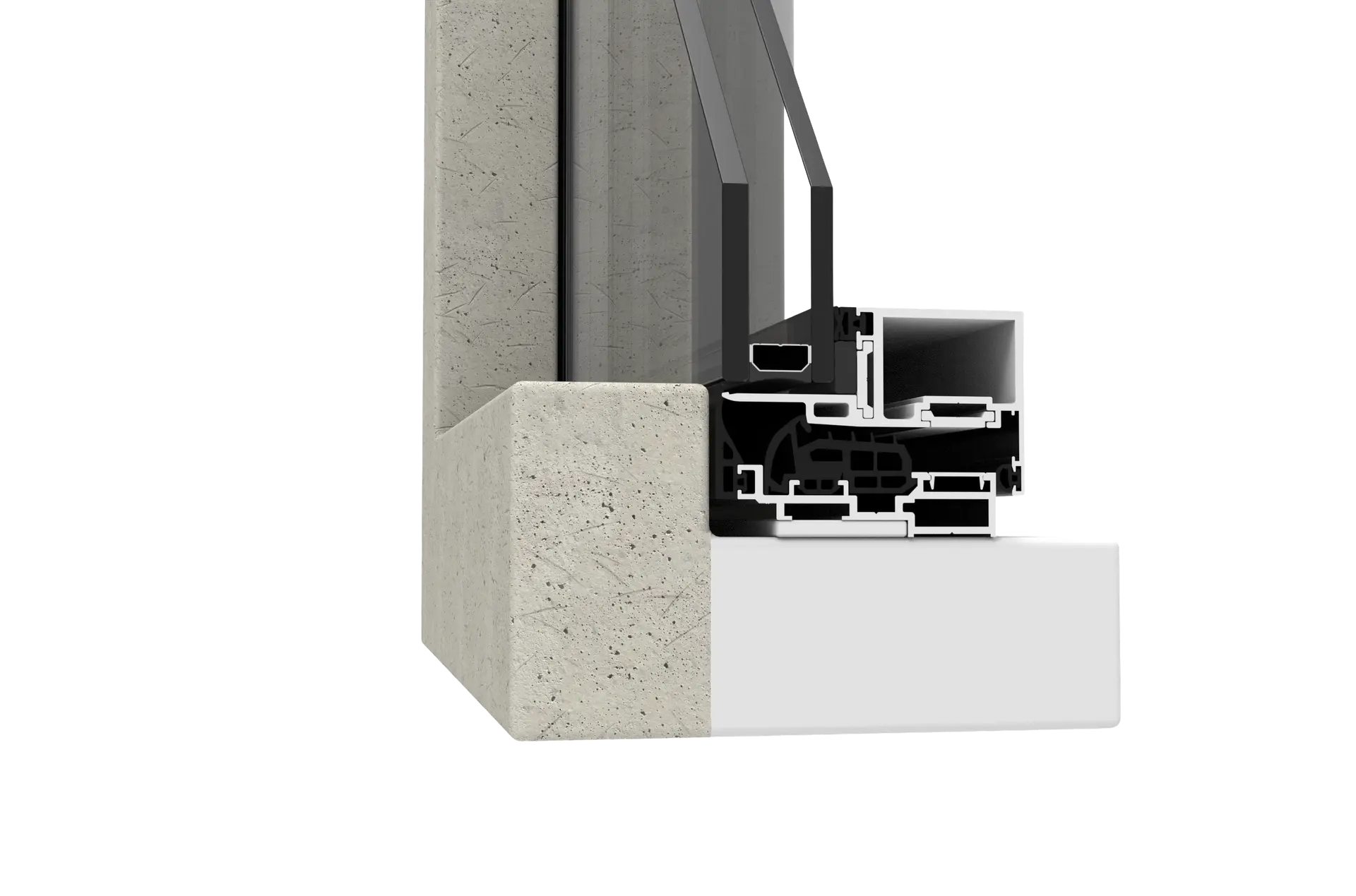 Detalle técnico de un marco de ventana de aluminio con acristalamiento, instalado sobre una base de concreto.