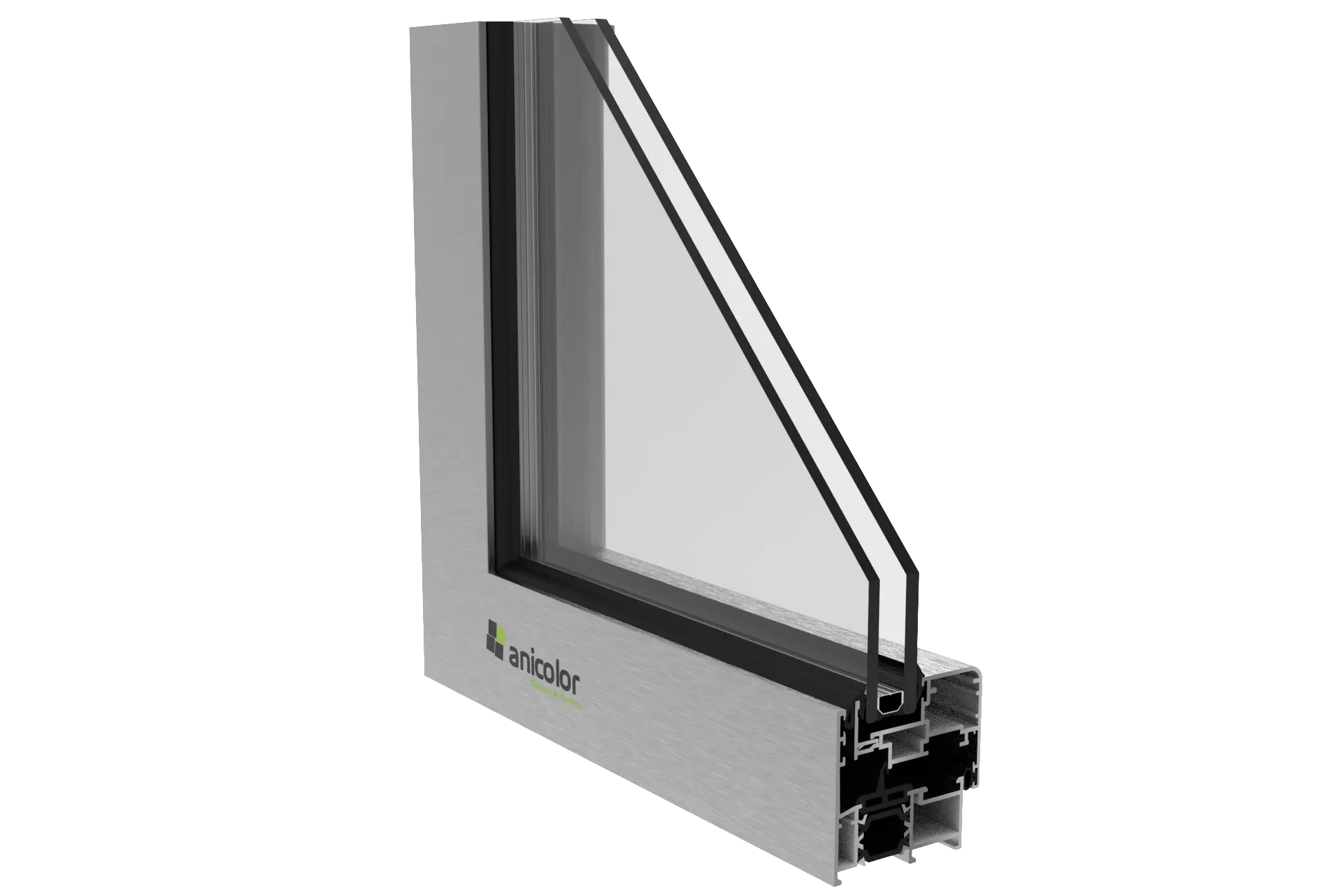 Corte transversal de un marco de ventana de aluminio con doble acristalamiento y sello aislante.