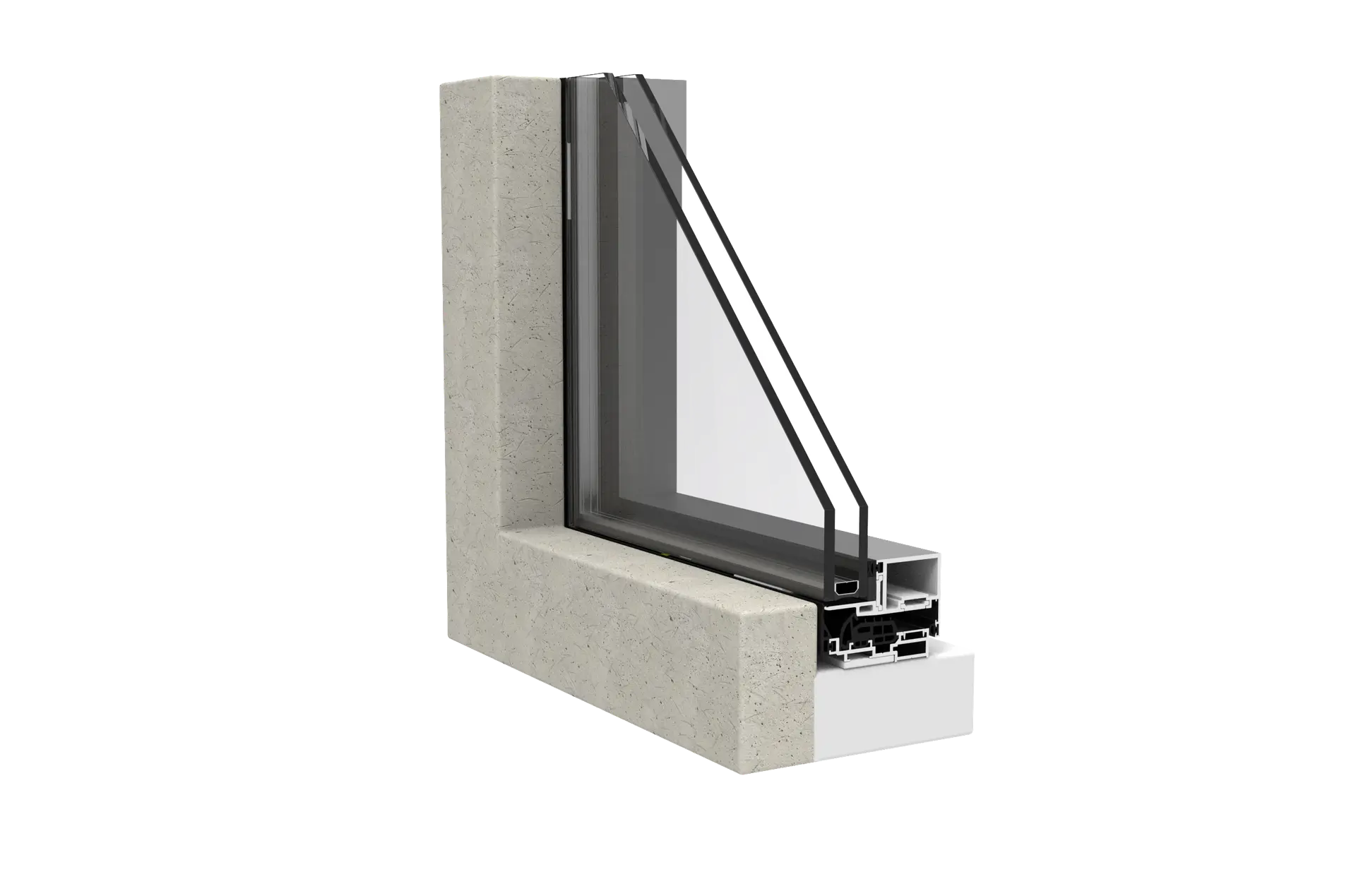 Corte transversal de una ventana con marco de aluminio y doble cristal instalada en una pared de concreto.
