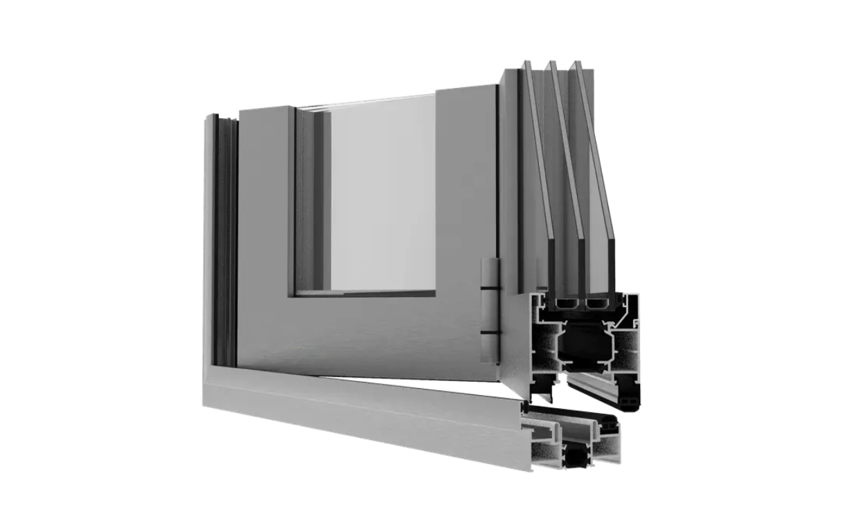 Corte cruzado de un marco de ventana de aluminio con vista a la cámara y a las guías.