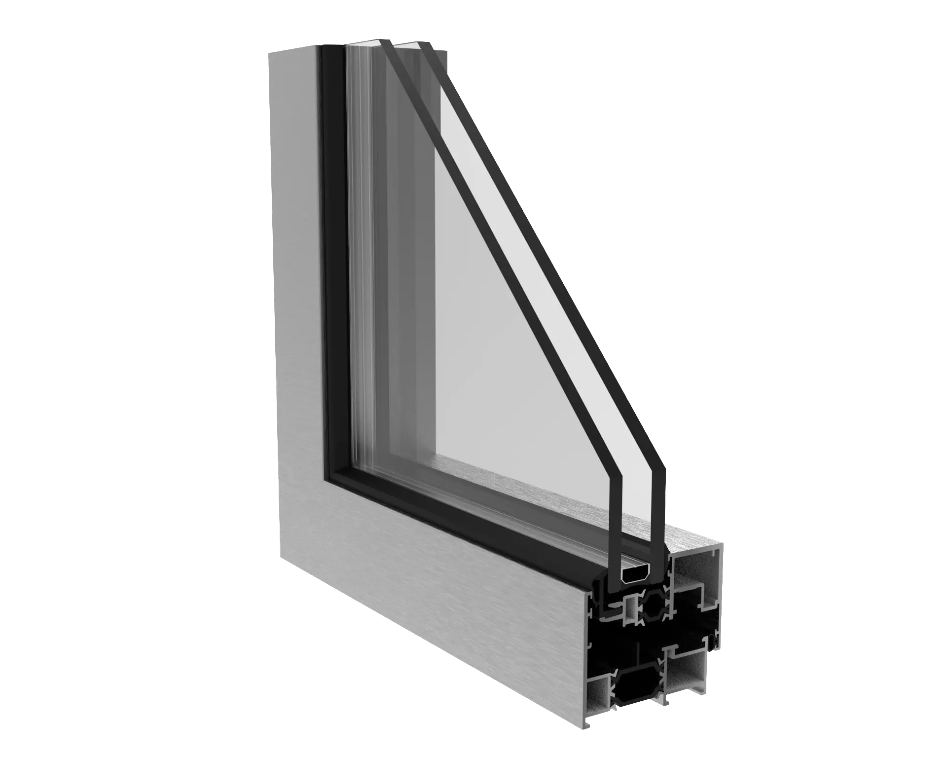 Sección de ventana de aluminio con marco y doble acristalamiento.