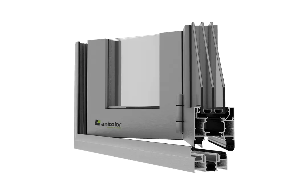 Detalle de un perfil de marco de ventana de aluminio con doble acristalamiento, marca Anicolor.