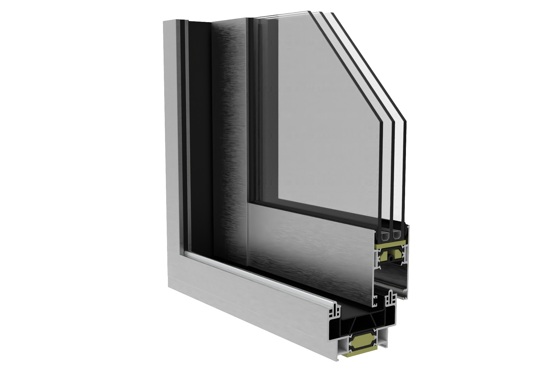 Corte transversal de una ventana de aluminio con doble acristalamiento y marco de aluminio.