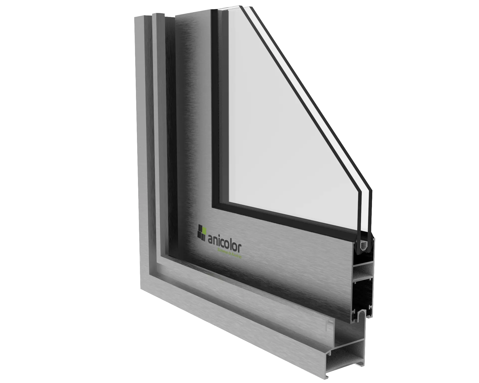 Corte transversal de un marco de aluminio con doble acristalamiento, mostrando el interior del perfil con cámara de aire y el sello de la marca 'Anicolor'.