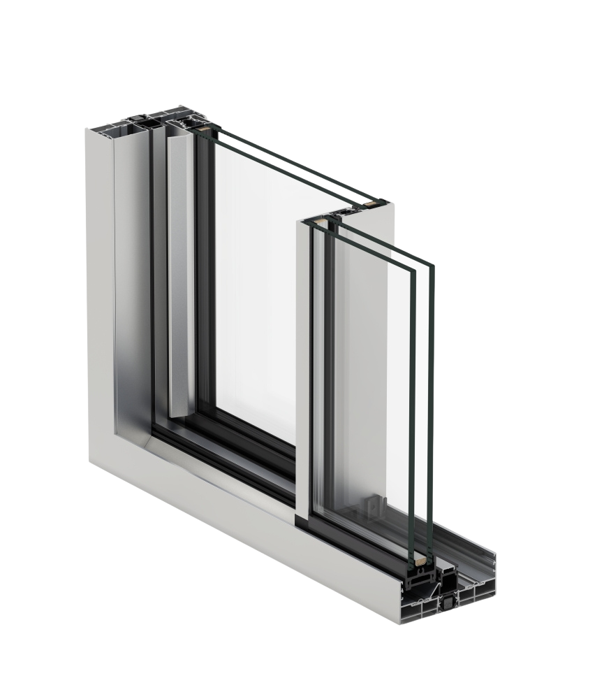 Cross-sectional diagram of a double-glazed aluminum window frame showing insulated frame and glass panes.