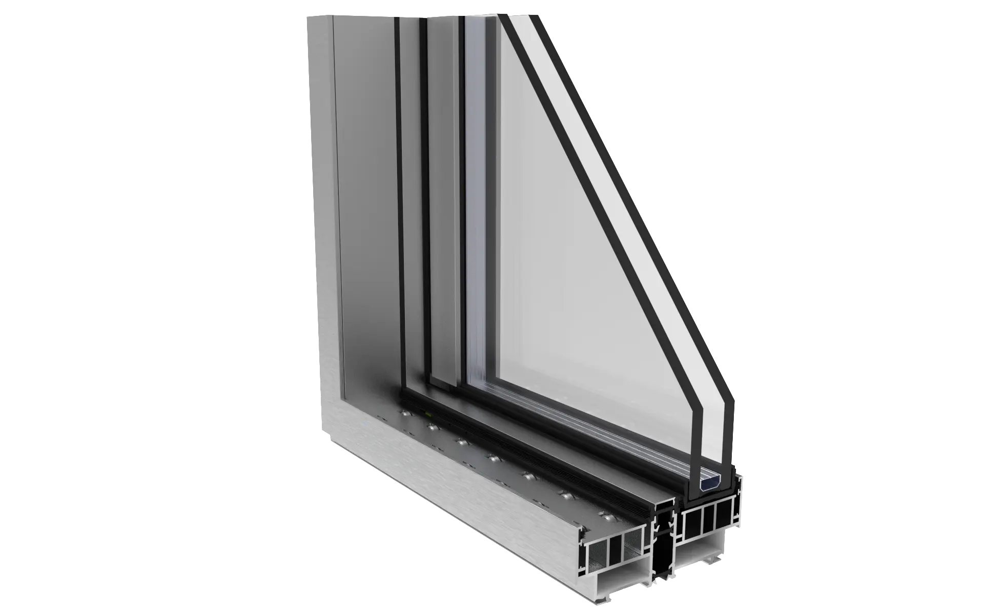 Corte transversal de una ventana de aluminio con doble acrílico y marco con aislamiento.