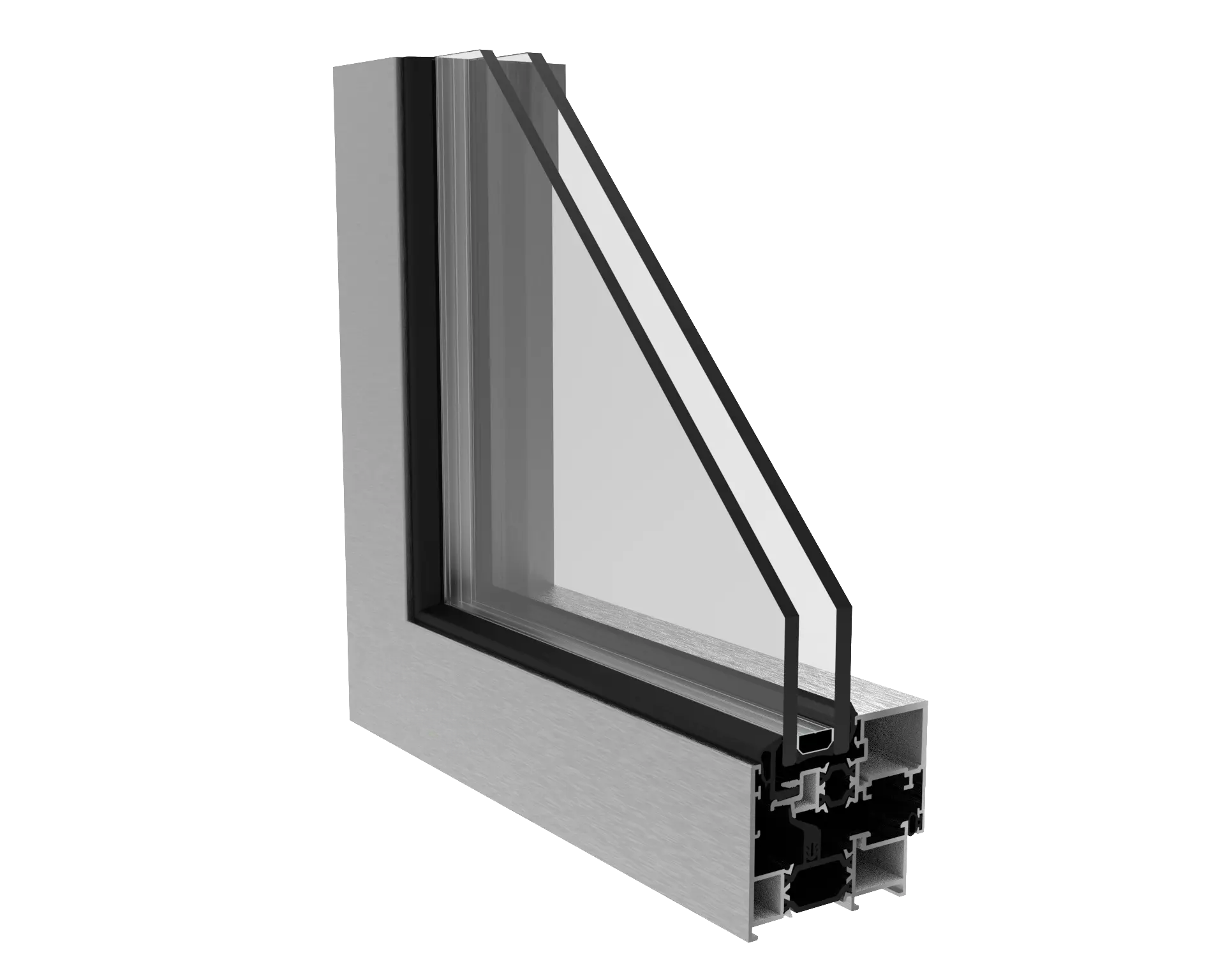 Corte transversal de un marco de ventana de aluminio con doble acristalamiento y sellos de goma.