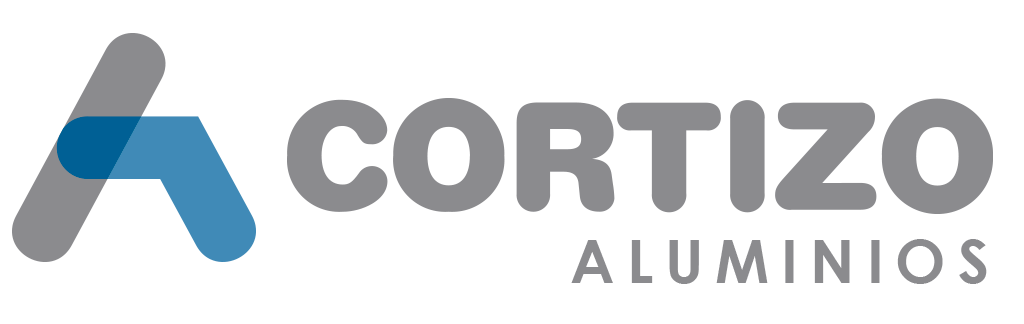 Logotipo de la empresa 'Cortizo Aluminios' con un símbolo gráfico y texto en gris oscuro