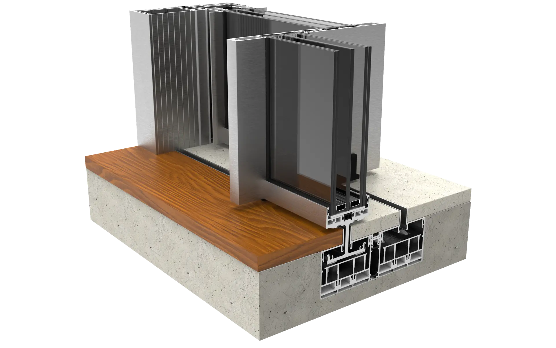 Corte técnico de un marco de ventana de aluminio con doble acristalamiento, montado sobre una base de concreto con detalle en madera