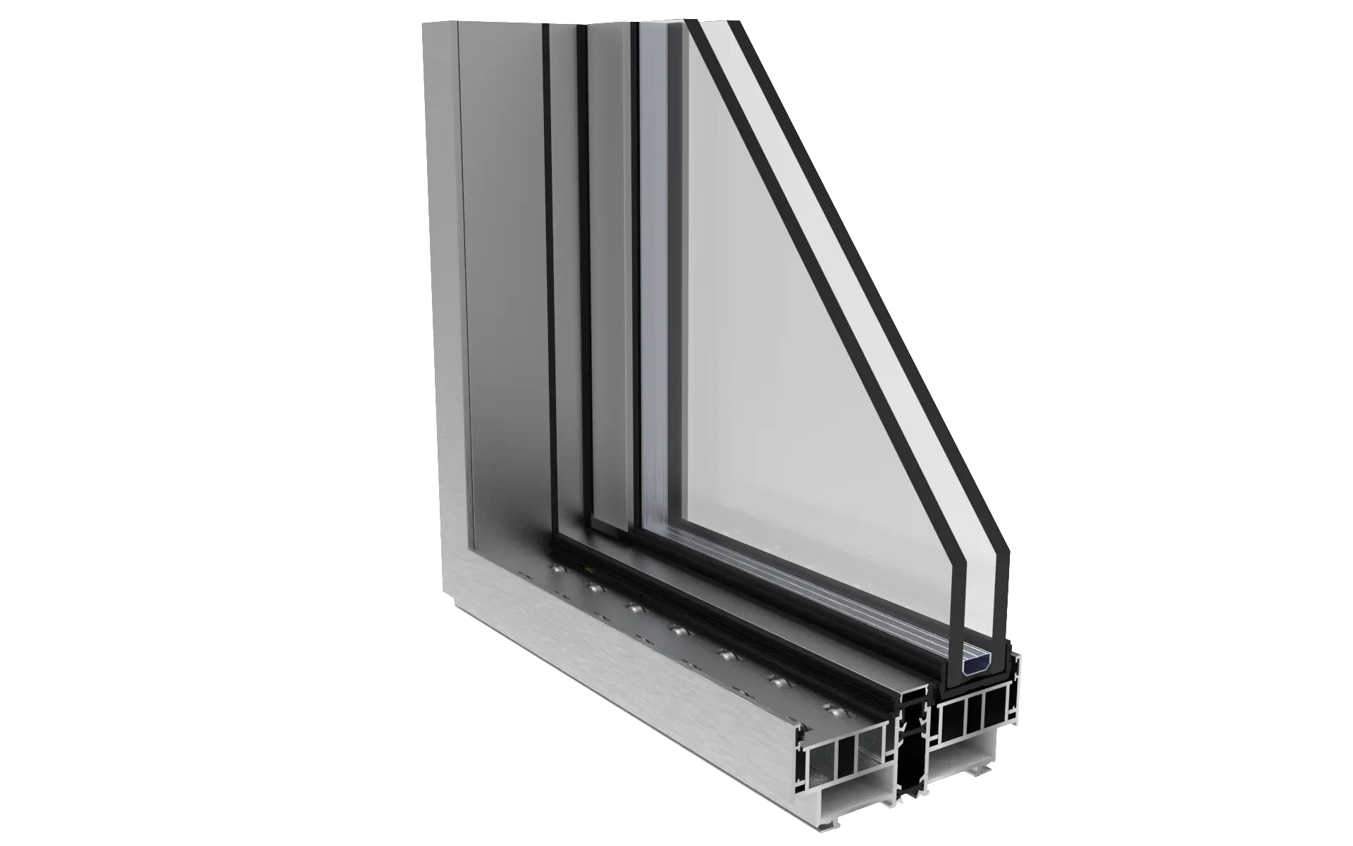 Corte transversal de una ventana de aluminio aislante con doble acristalamiento, mostrando el marco, el vidrio y los sellos de aislamiento.