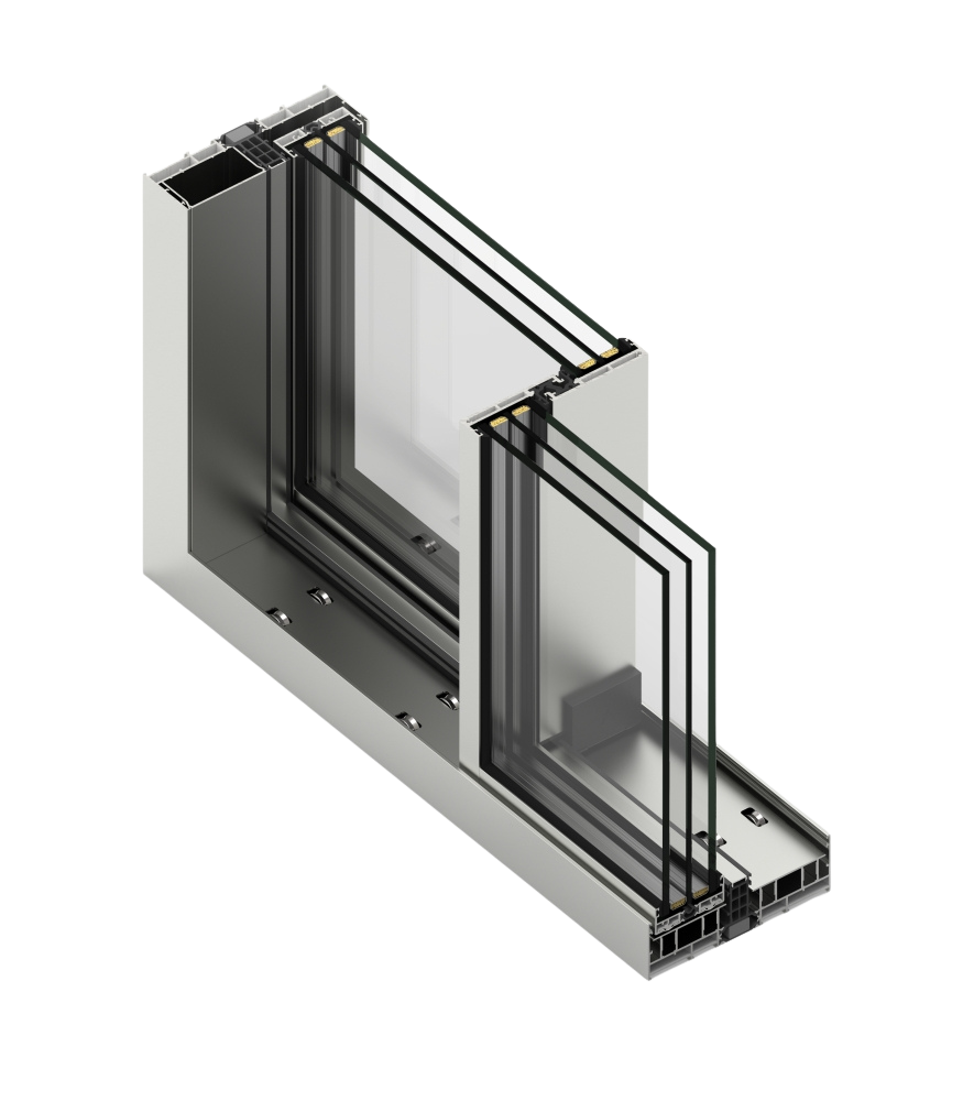 Cross-section of a modern sliding glass window showing multiple glass panes and the window frame structure.