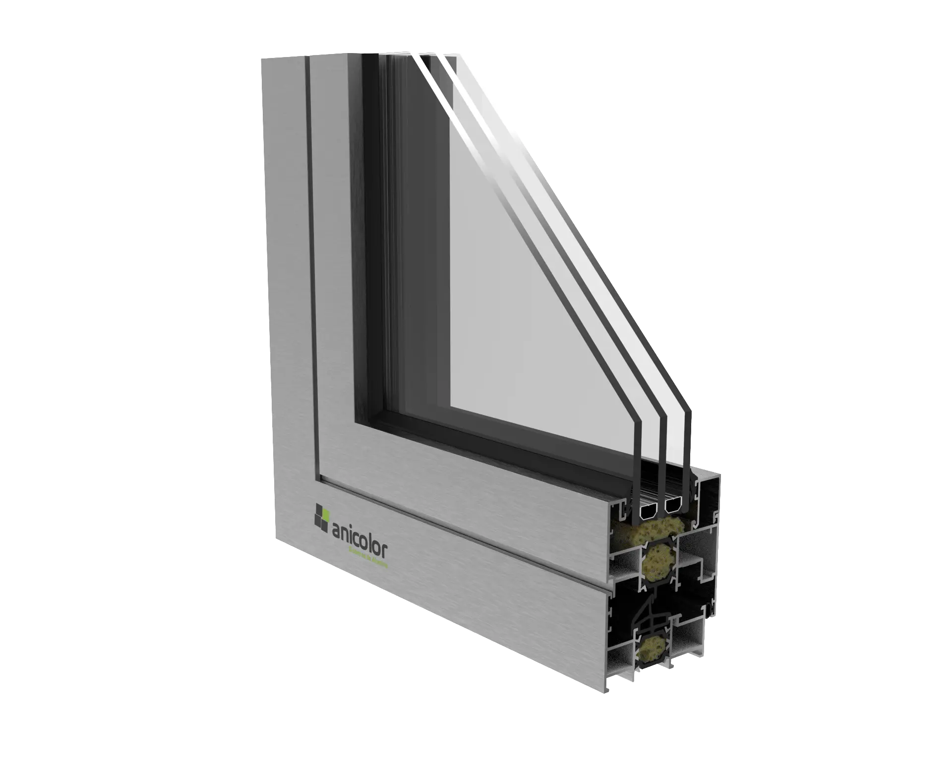 Corte transversal de una ventana de doble acristalamiento con marco de aluminio, mostrando las capas de vidrio y sellado.