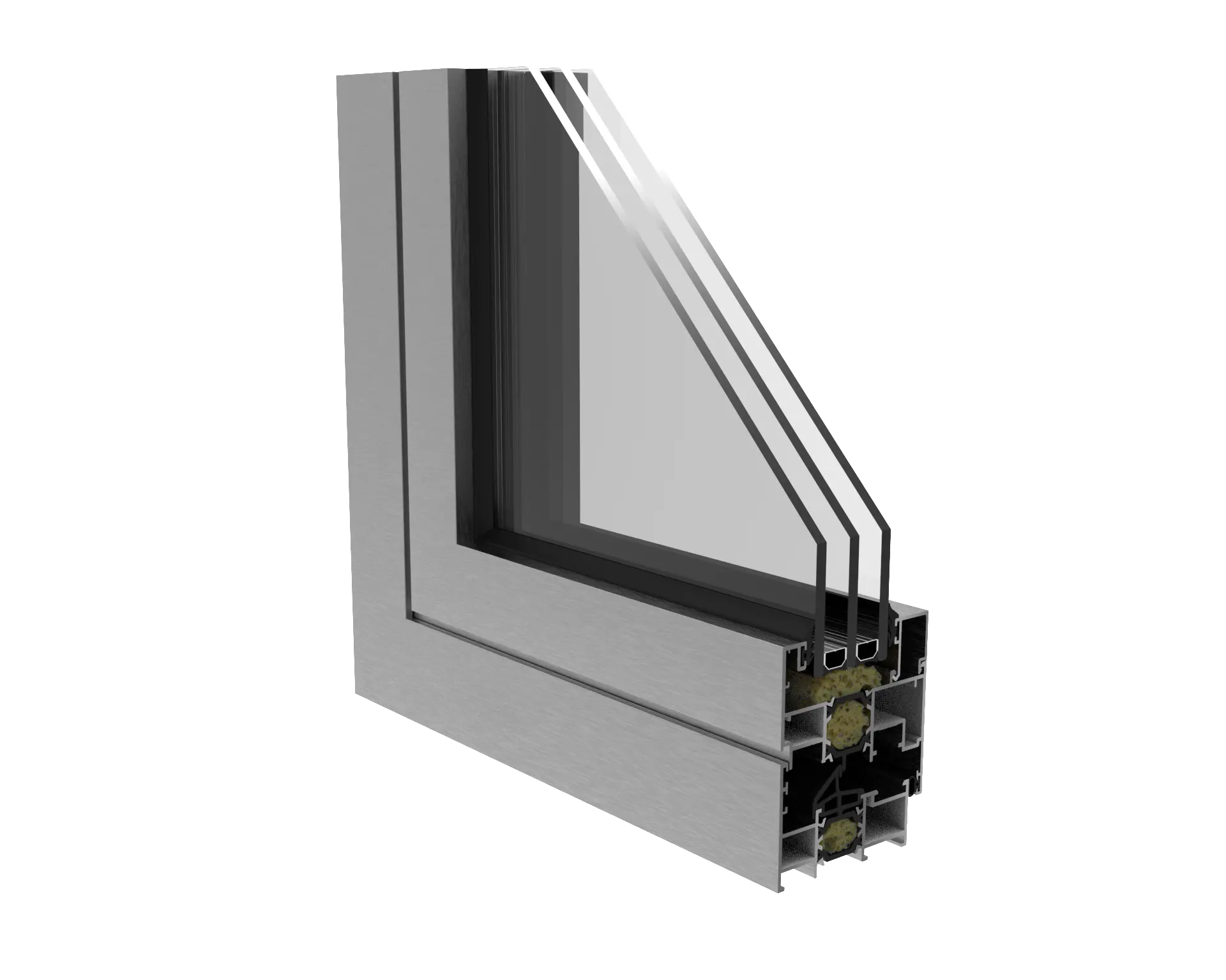 Corte transversal de una ventana moderna de aluminio con doble acristalamiento y sellado en armazón metálico.