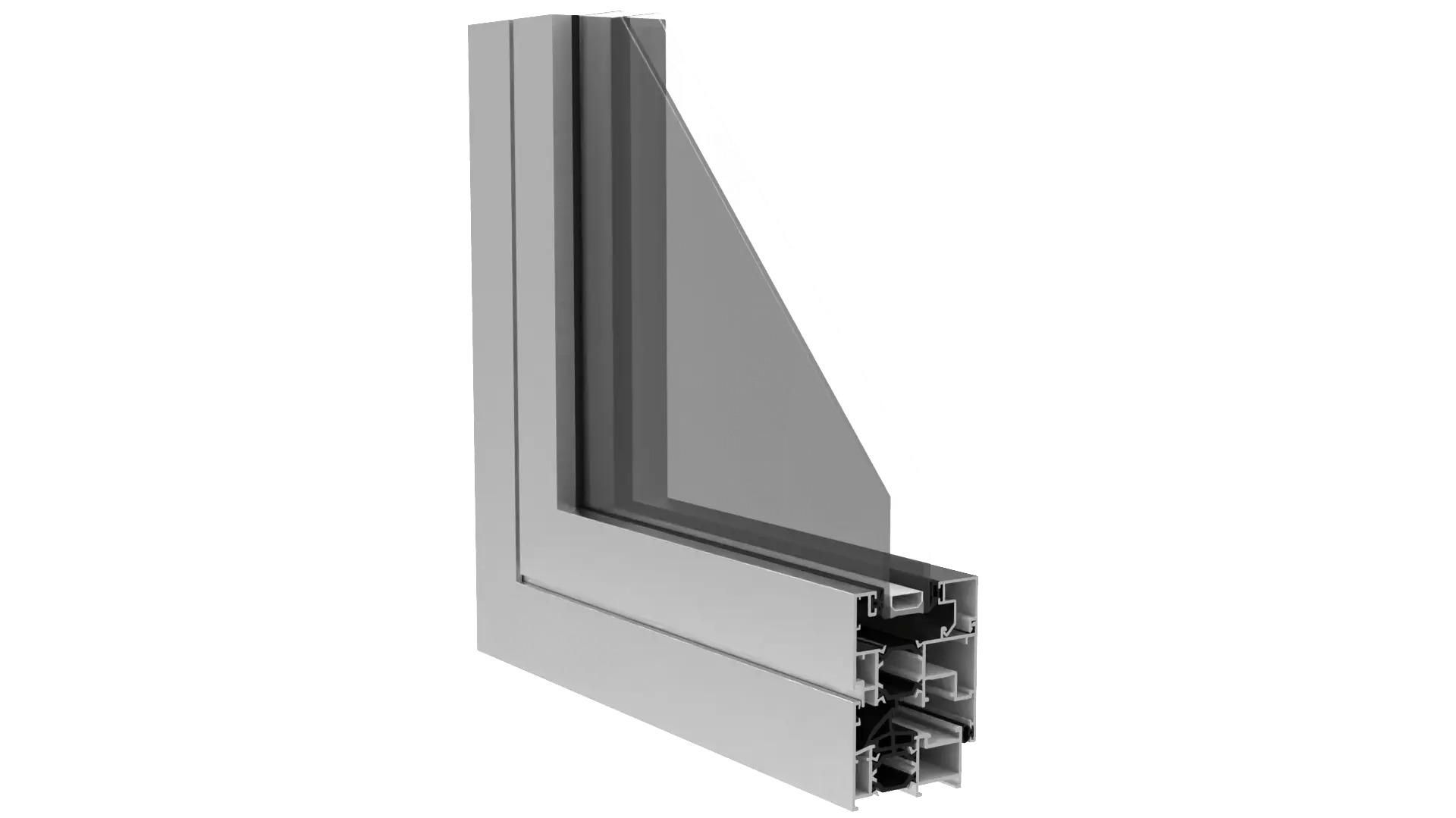 Se muestra un corte técnico de un marco de aluminio con doble acristalamiento, resaltando la estructura del perfil del marco y el vidrio instalado en su interior.