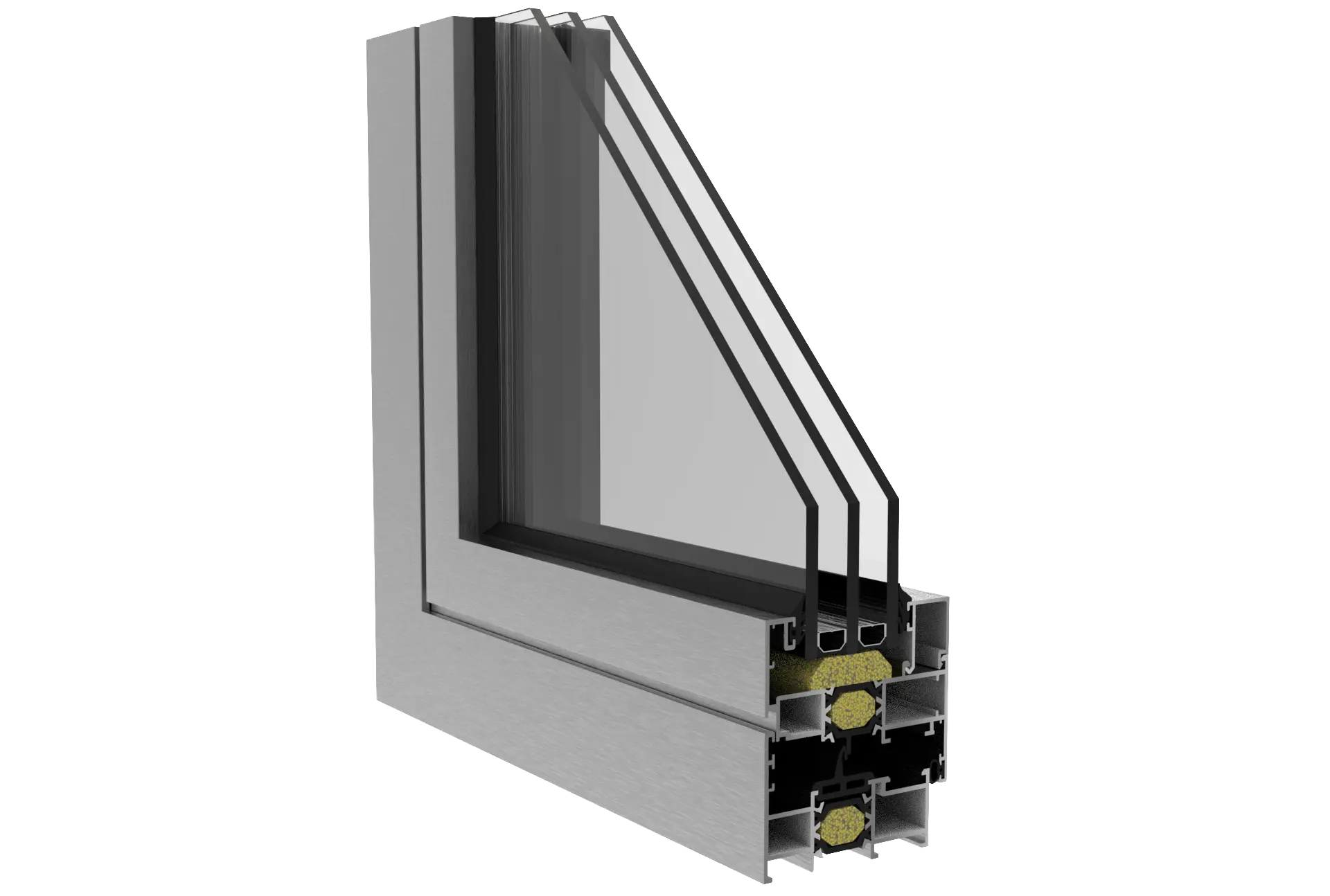 Sección transversal de una ventana de marco de aluminio con doble acristalamiento.