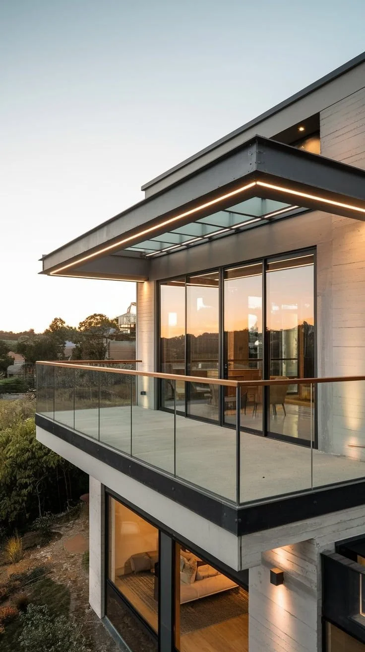 Una casa moderna de varios pisos con balcones y grandes ventanas de cristal, en un entorno natural al atardecer.