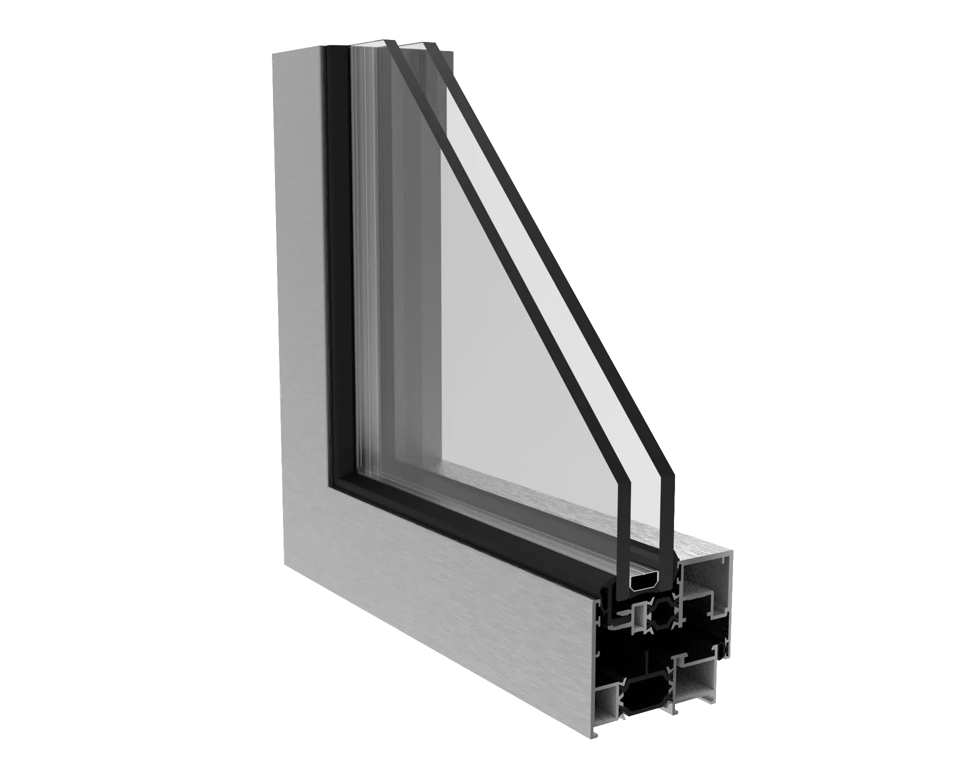 Corte transversal de una ventana de marco de aluminio con vidrio y sistema de bloqueo.