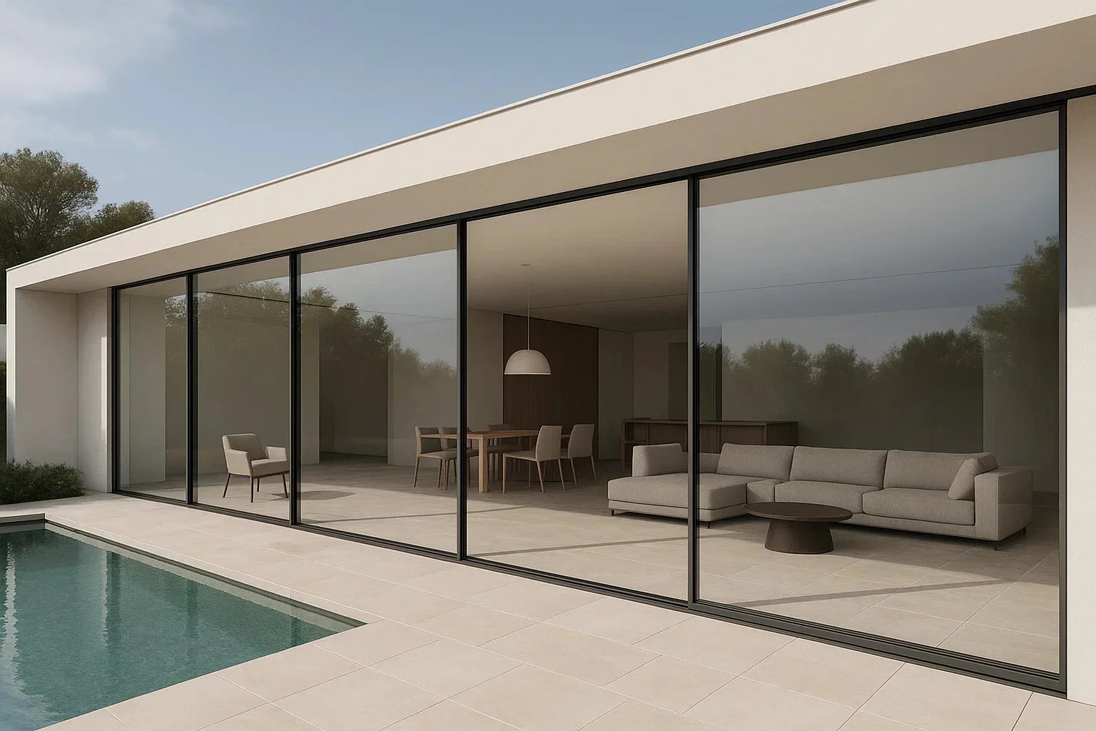 Vista de una casa moderna con paredes de vidrio, interior con sofá gris, mesa de centro, comedor y una lámpara colgante, junto a una piscina con mosaico.