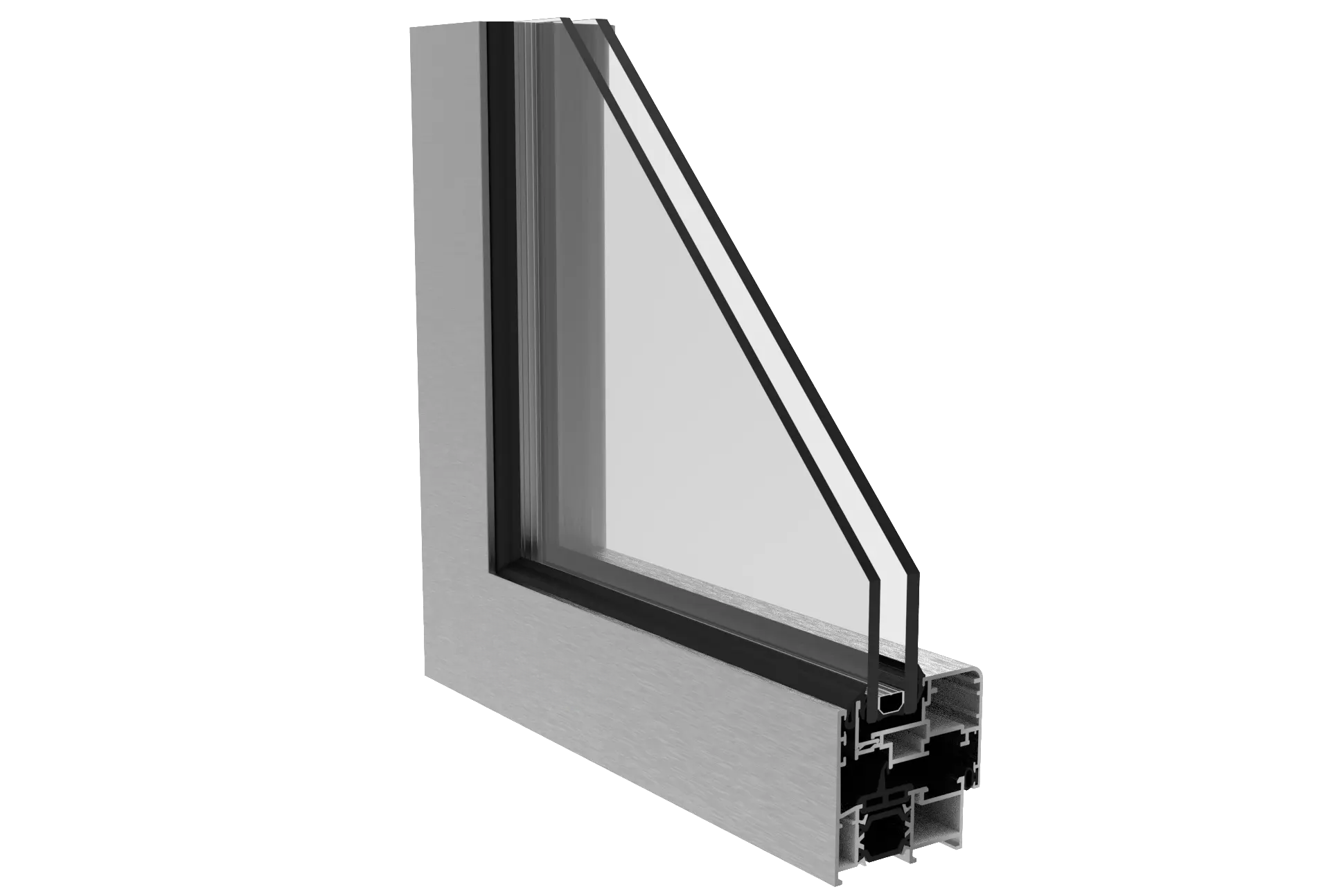 Corte transversal de un marco de ventana de aluminio con doble acristalamiento