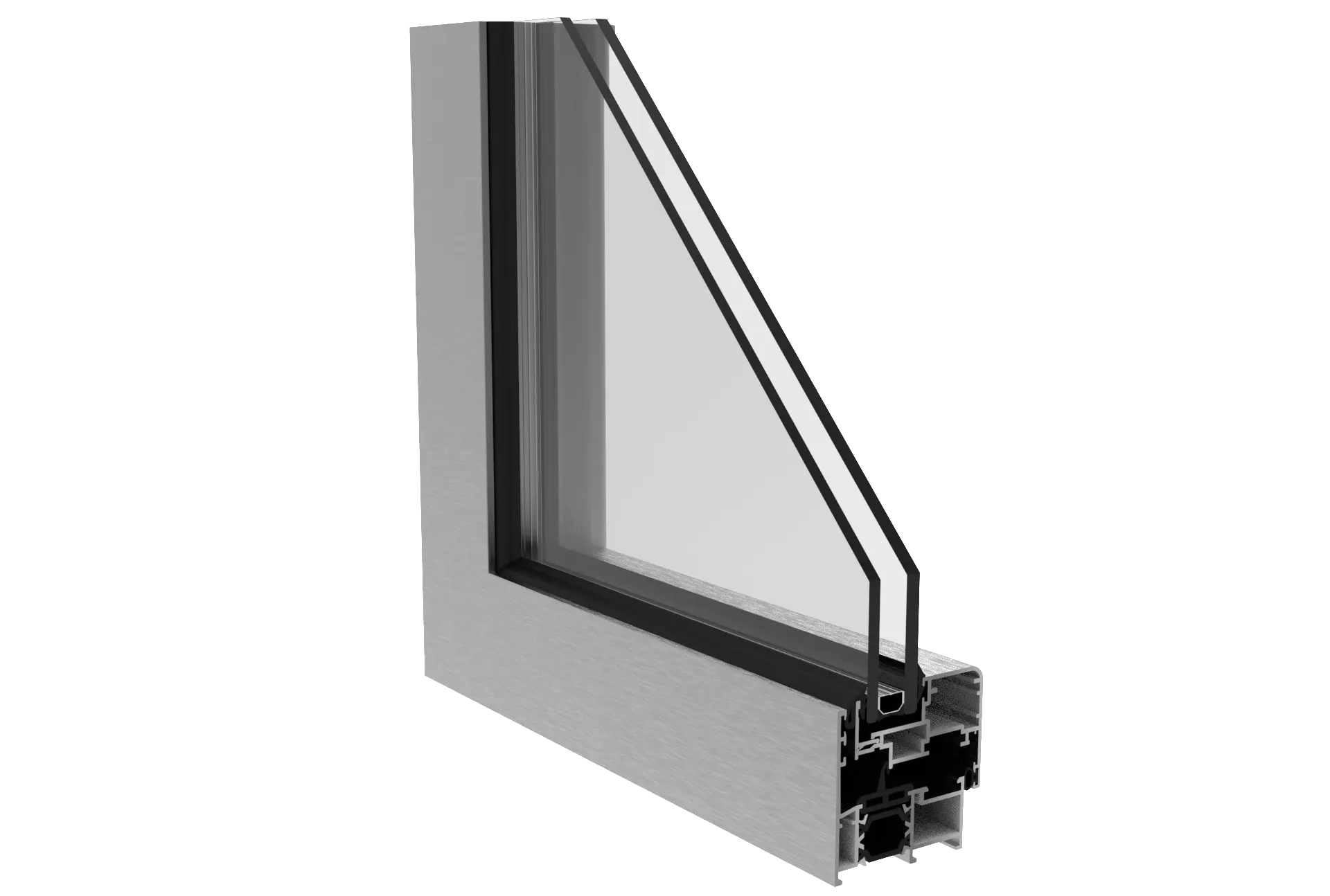 Corte transversal de un marco de ventana de aluminio con doble cristal.