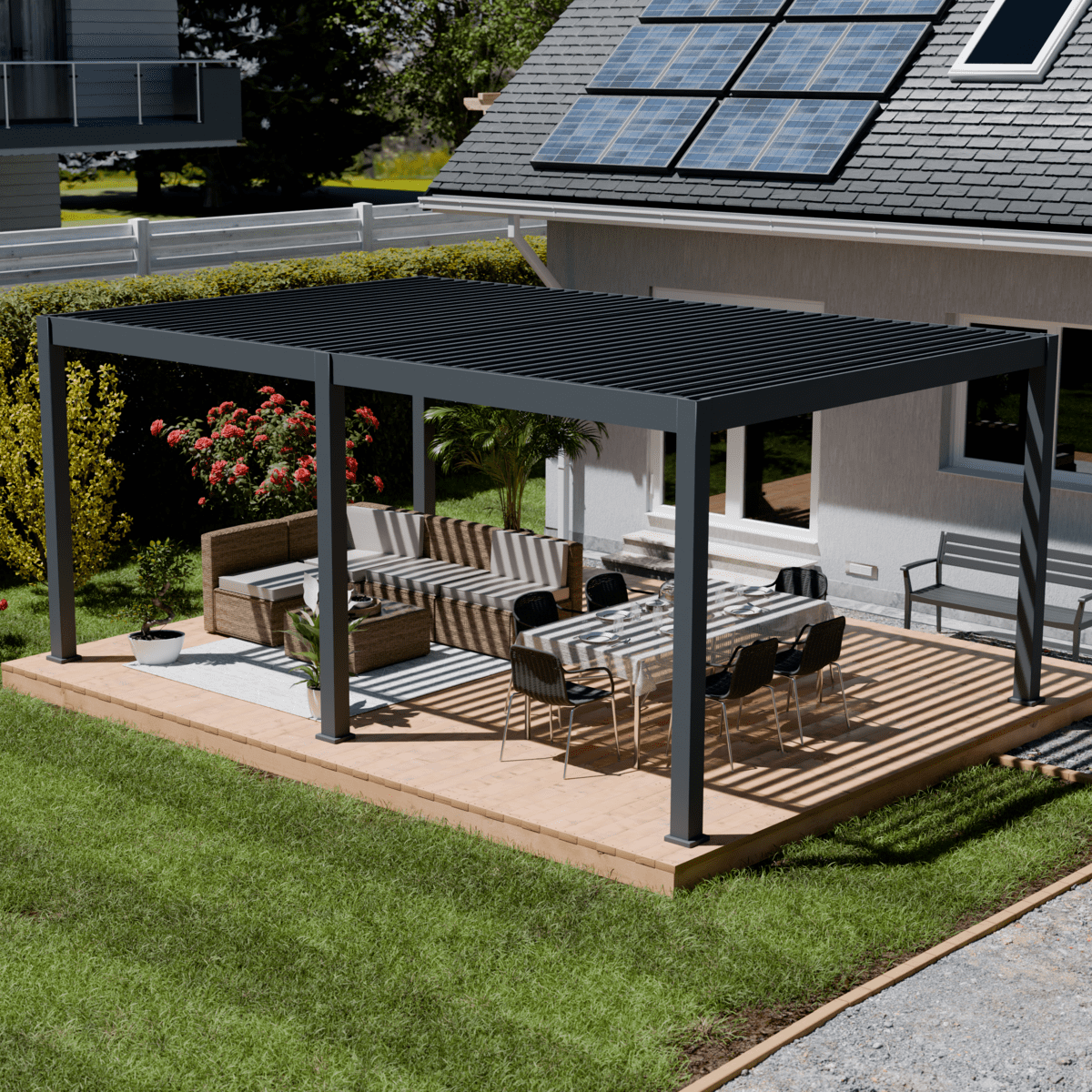 Outdoor patio with black pergola, outdoor furniture, dining table with chairs, and house with solar panels on the roof.