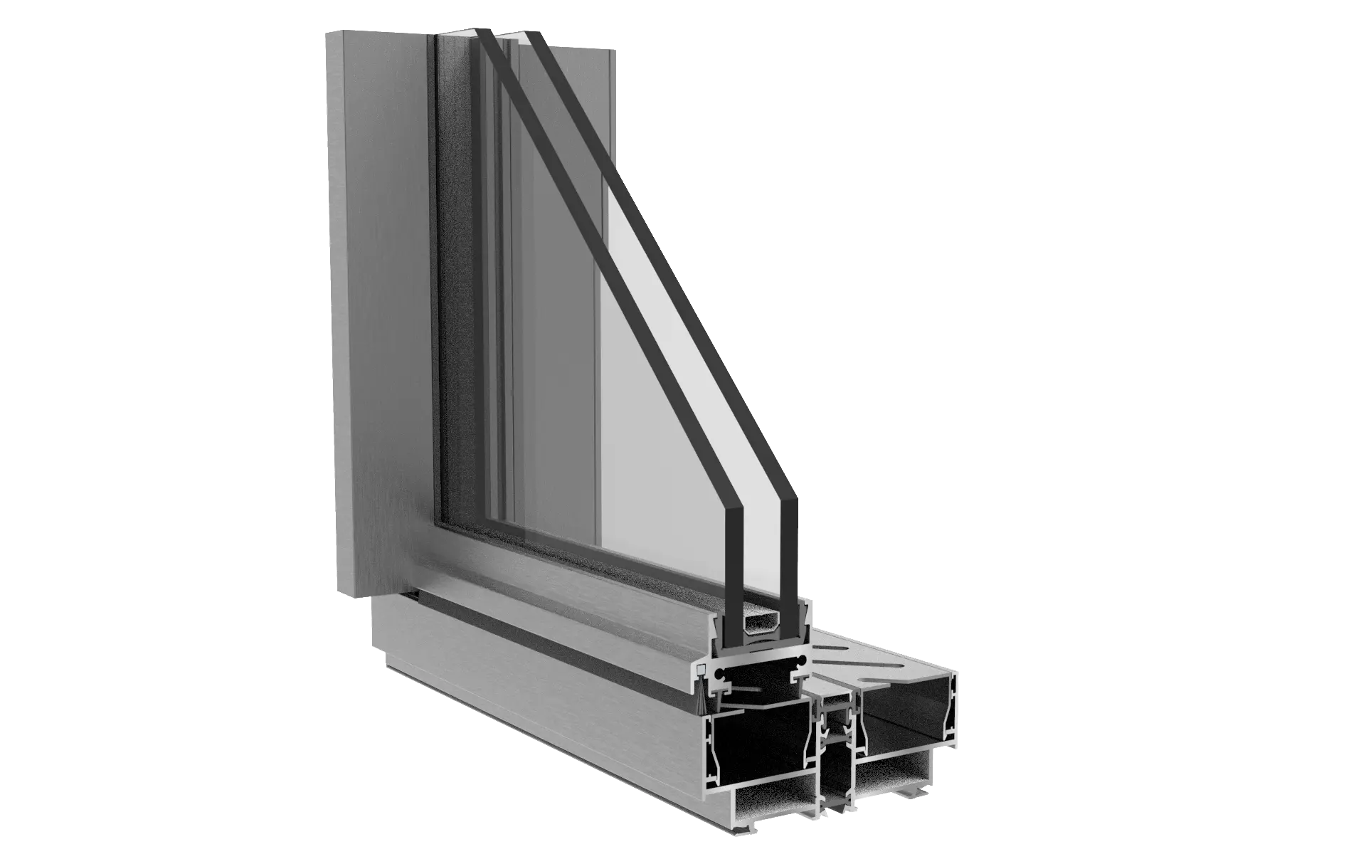 Corte técnico de una ventana de aluminio con doble acristalamiento y montagem en aluminio.