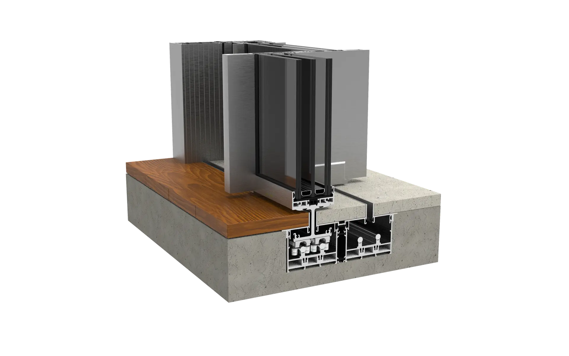 Corte transversal de un marco de ventana de aluminio con doble cristal, montado sobre una base de concreto con acabado de madera.