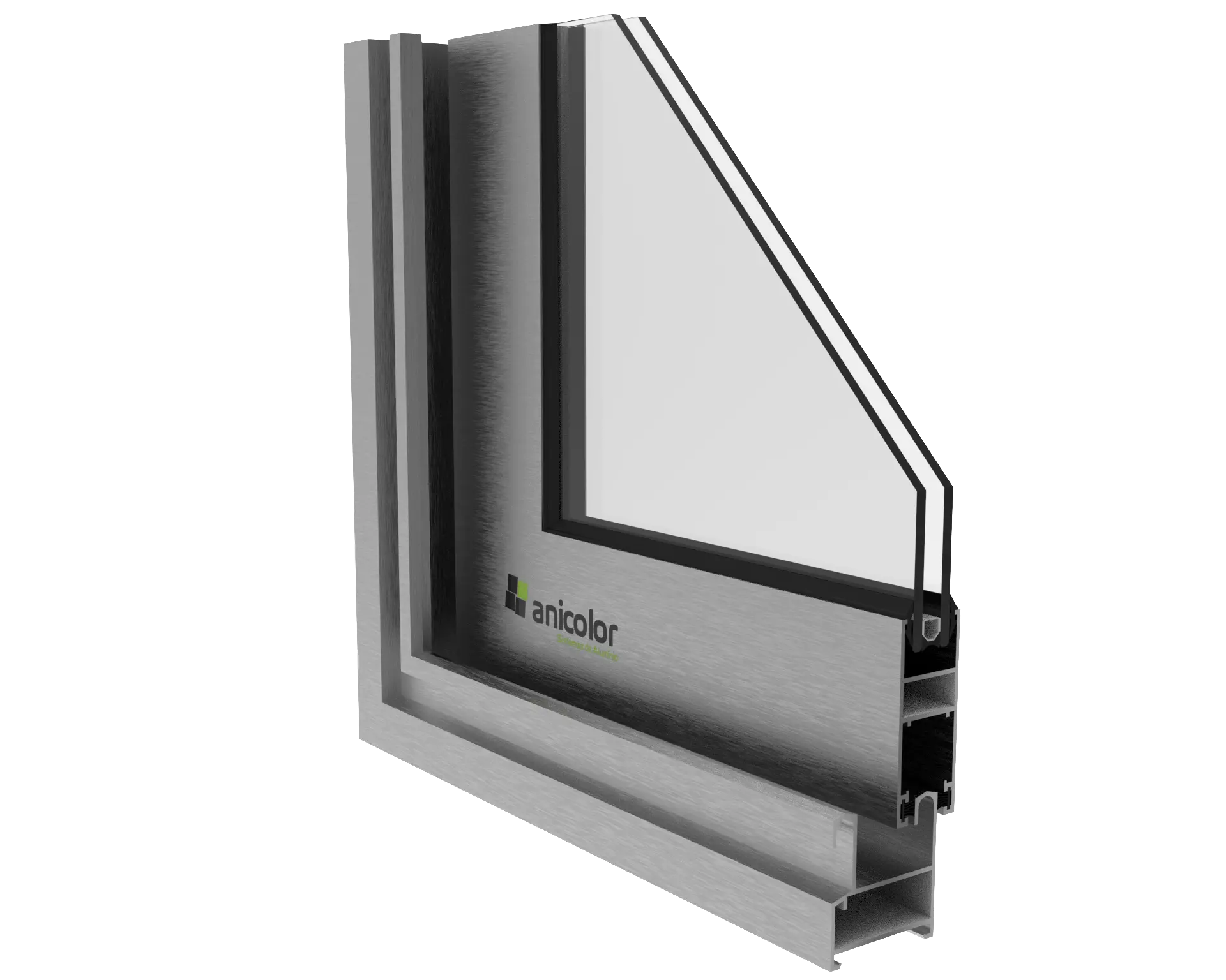 Se muestra un corte transversal de un marco de ventana con doble acristalamiento, con el logo de la marca 'Anicolor' en la parte inferior izquierda.