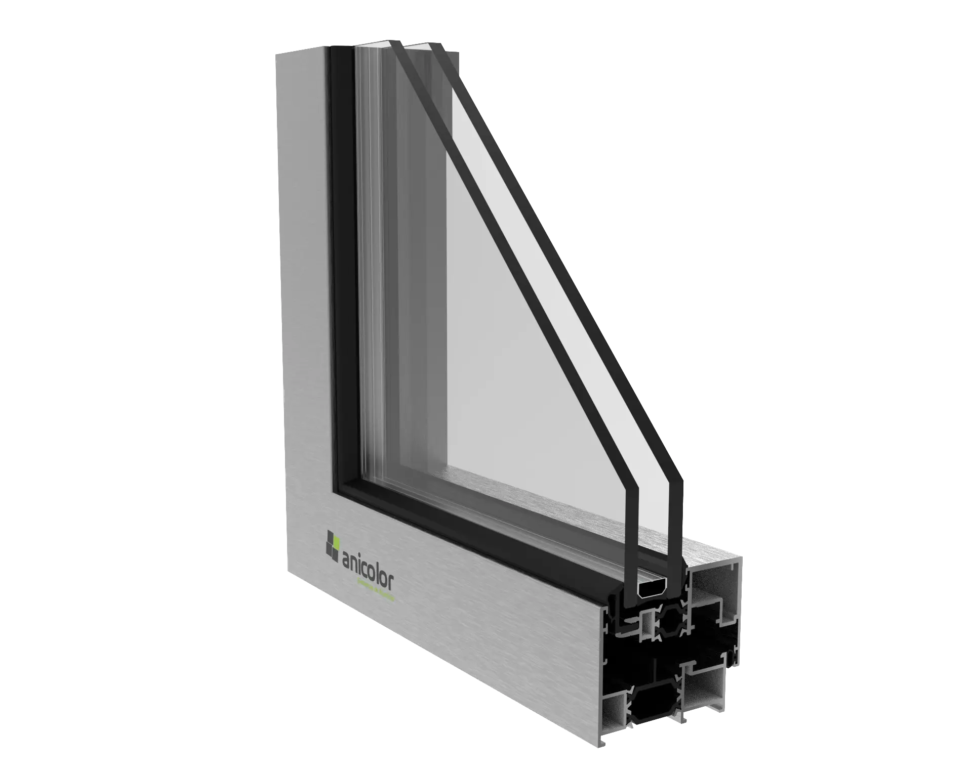 Sección de un marco de ventana de aluminio con doble acristalamiento y sello de goma, marca Anicolor.