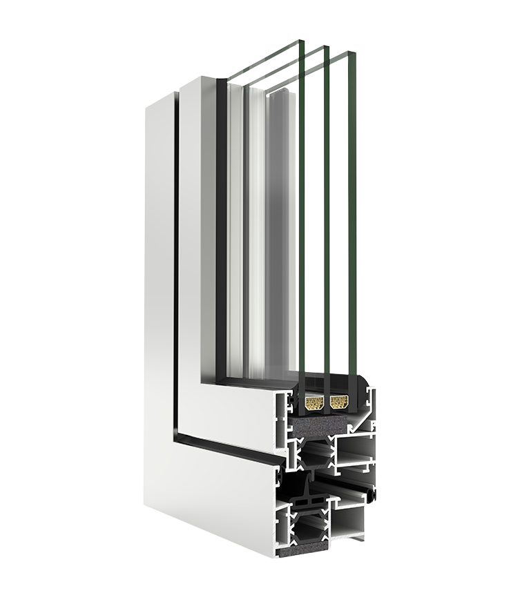 Vista lateral de una ventana de doble acristalamiento con marco de aluminio.