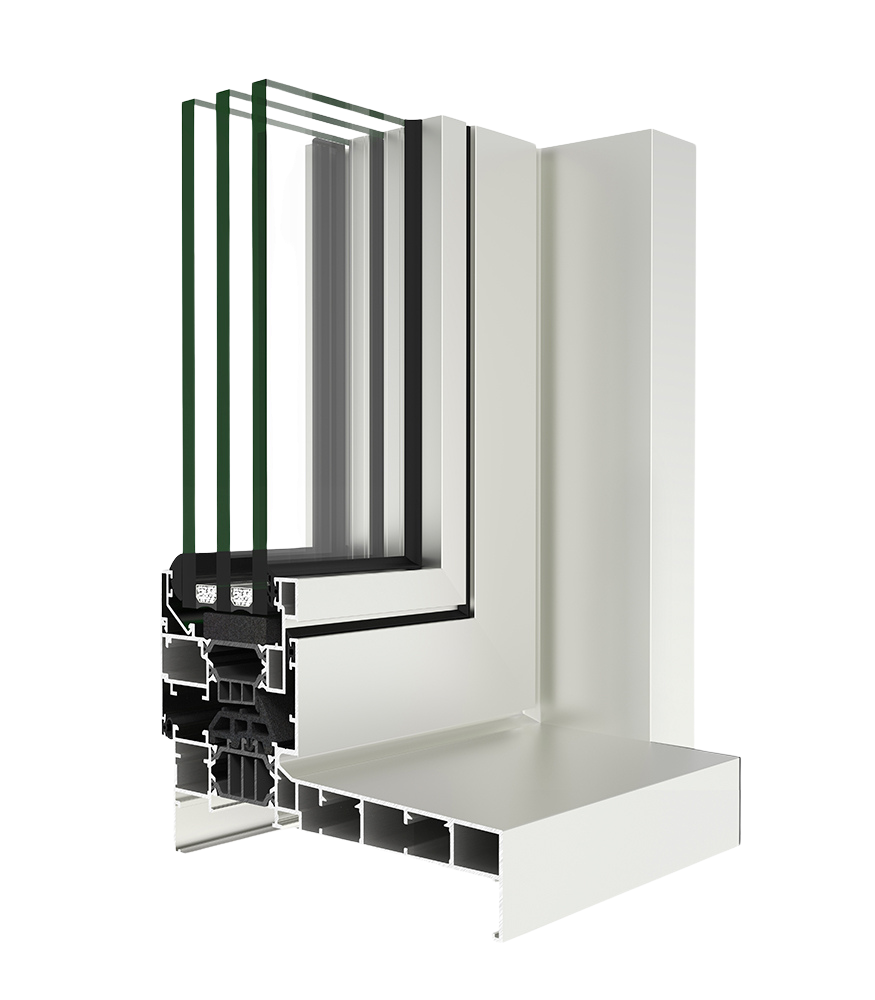 Sección transversal de una ventana de aluminio con doble acristalamiento, mostrando los perfiles y el sistema de aislamiento.