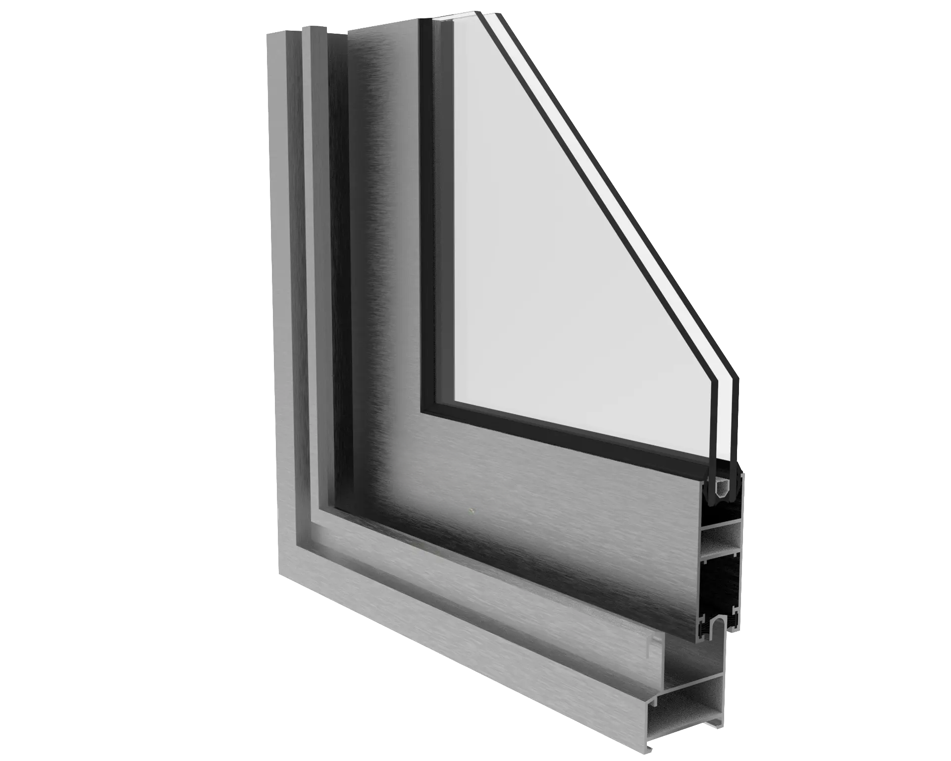 Corte de una ventana de aluminio con doble acristalamiento, mostrando la estructura interna y el aislamiento.