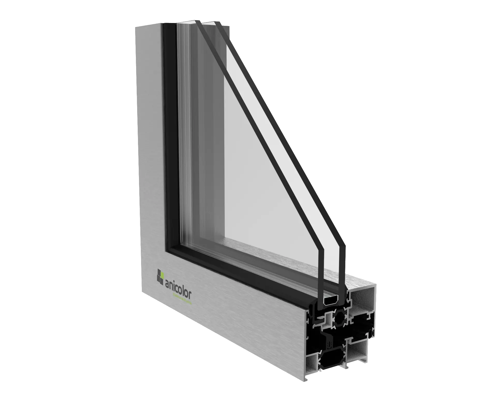 Corte transversal de un marco de ventana de aluminio con vidrio y marco de sello en la parte superior, marca Anicolor