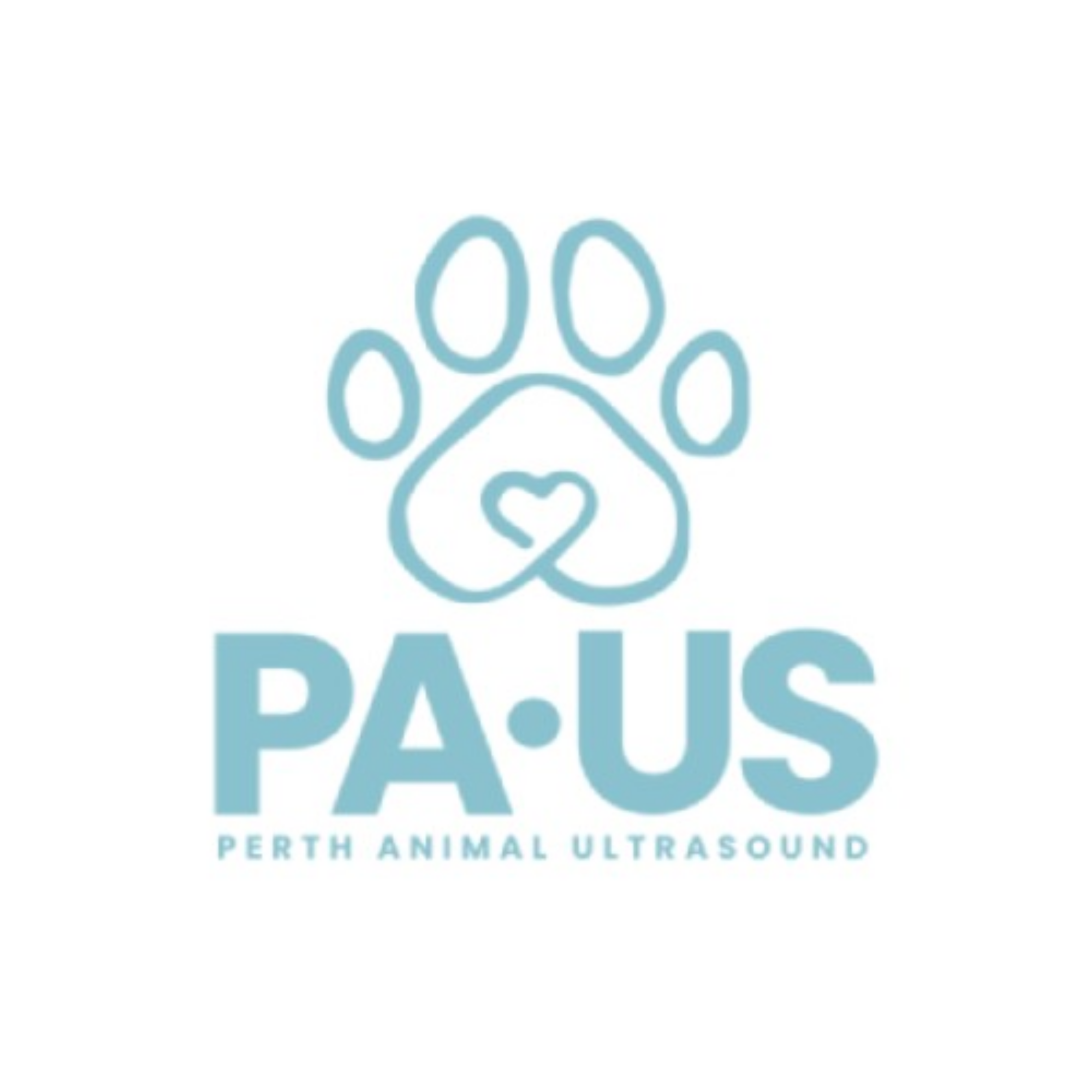 PERTH ANIMAL ULTRASOUND logo with a blue paw print containing a heart shape in the center.