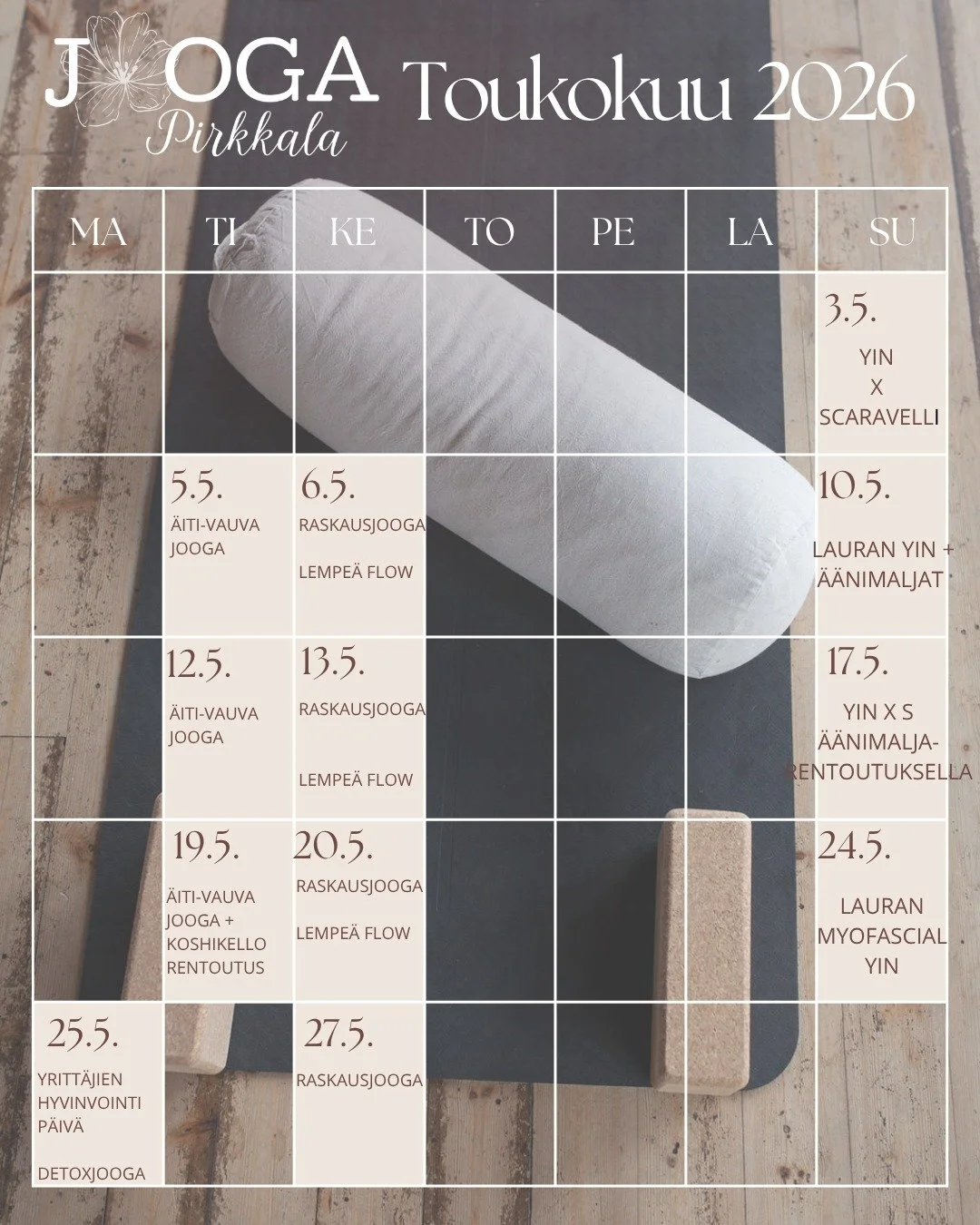 Toukokuu @joogapirkkala

Kev&auml;t on t&auml;&auml;ll&auml;, arki alkaa jo painamaan ennen kes&auml;lomia, joten ota aikaa itsellesi, rauhoittumiselle ja omalle hyvinvoinnille!

Toukokuun kalenteri on t&auml;ynn&auml; hyvinvointia, rauhoittumista ja