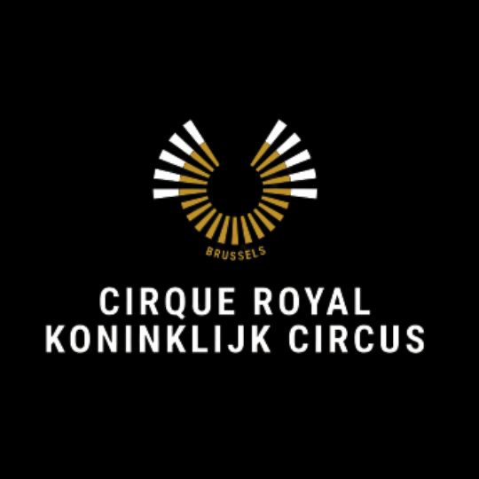 Logo of Cirque Royal Koninklijk Circus in Brussels, featuring a circular design with white and gold segments and the text in white.