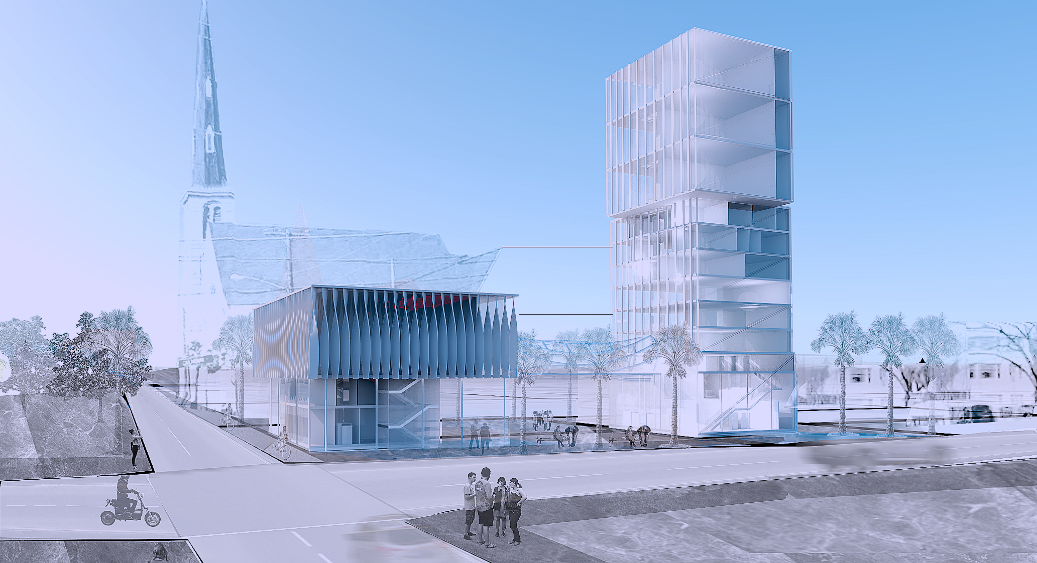 Architectural rendering of a modern high-rise building with glass facades and a smaller adjacent structure, with palm trees and people walking on the street.