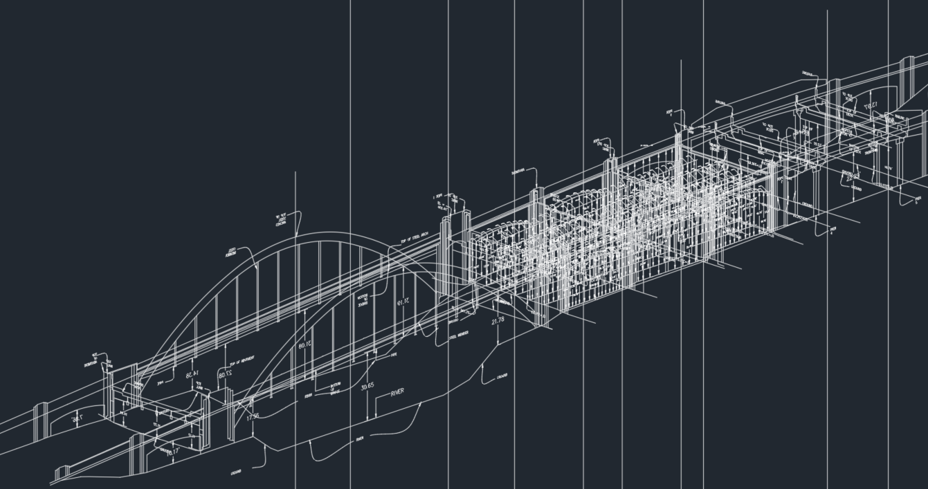 Technical blueprint drawing of a bridge structure with detailed annotations.